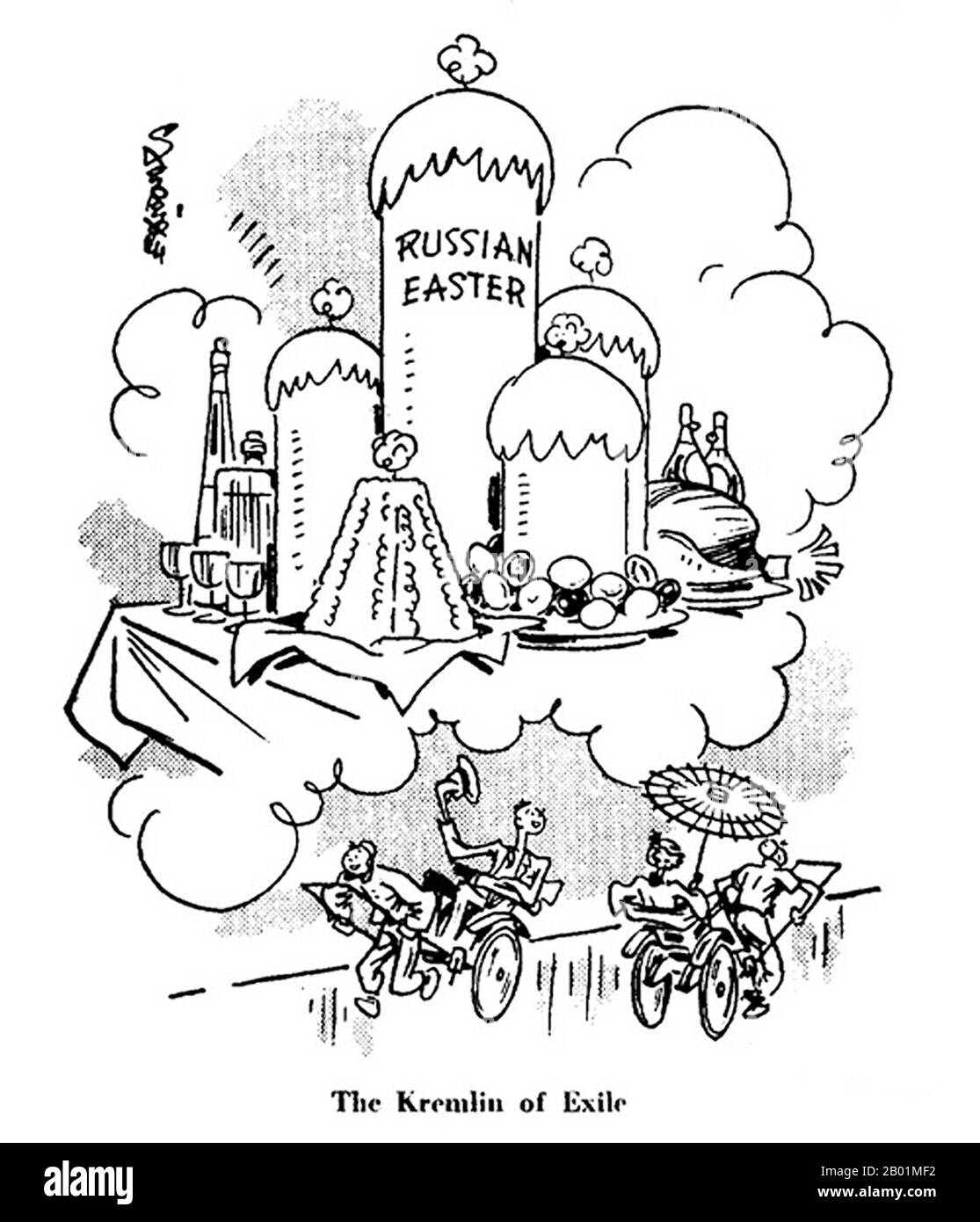 Cina: "Il Cremlino dell'esilio". Russi bianchi a Shanghai. Un cartone animato di 'Sapajou' Georgii Sapojnikoff (1893-1949), esilio russo bianco e fumettista al North China Daily News, Shanghai, 1925-1940. Sapajou era il nome artistico di Georgii Avksentievich Sapojnikoff, un tempo tenente dell'esercito imperiale russo. Si laureò alla Scuola militare Aleksandrovskoe di Mosca, e partecipò alla prima guerra mondiale, in cui fu gravemente ferito. A causa delle sue ferite, che lo lasciarono zoppicare per il resto della sua vita, fu invalidato dall'esercito. Foto Stock