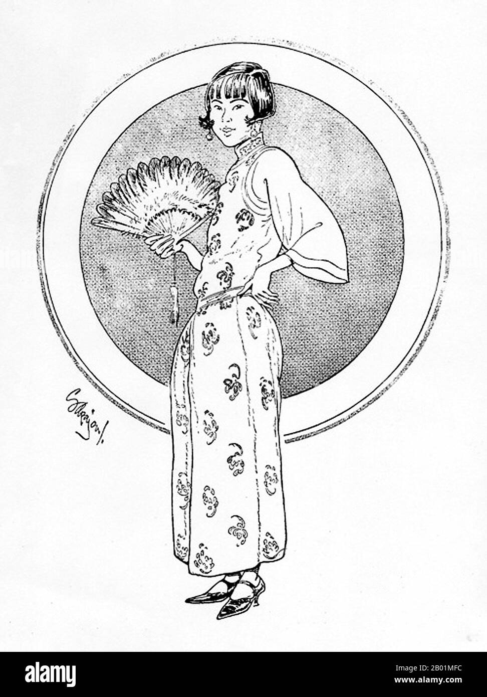 Cina: Shanghai girl. Un cartone animato di 'Sapajou' Georgii Sapojnikoff (1893-1949), esilio russo bianco e fumettista al North China Daily News, Shanghai, 1925-1940. Sapajou era il nome artistico di Georgii Avksentievich Sapojnikoff, un tempo tenente dell'esercito imperiale russo. Si laureò alla Scuola militare Aleksandrovskoe di Mosca, e partecipò alla prima guerra mondiale, in cui fu gravemente ferito. A causa delle sue ferite, che lo lasciarono zoppicare per il resto della sua vita, fu invalidato dall'esercito. Foto Stock