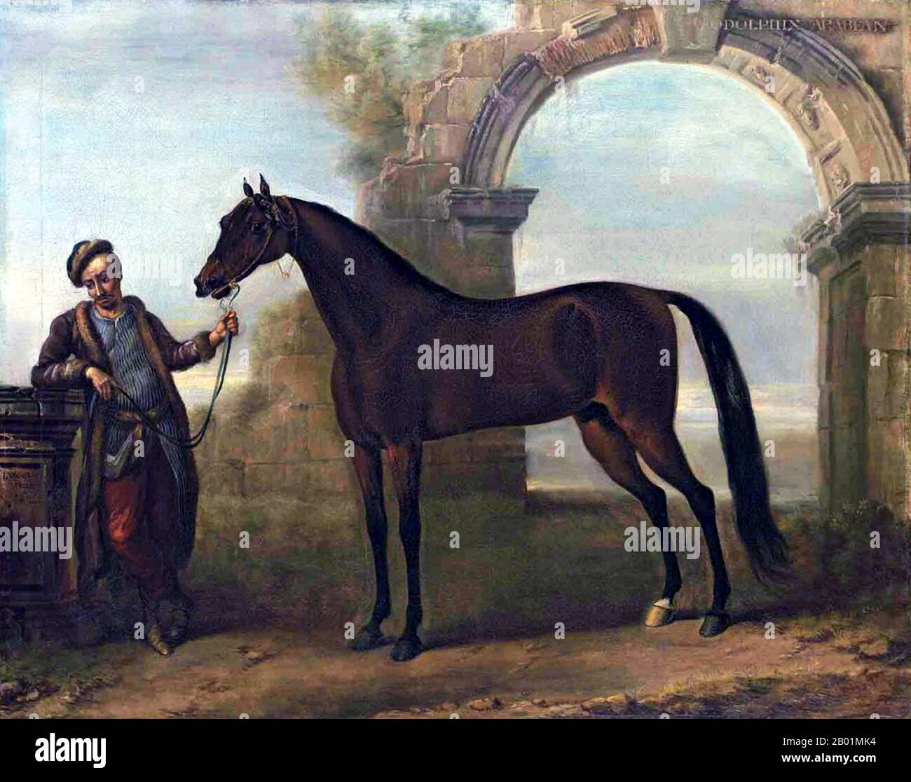 Regno Unito: "The Godolphin Arab, held by a Groom, in a Landscape with a Ruined Arch". Olio su tela dipinto di John Wootton (c. 1682-1764), 1731. Il Godolphin Arabian (c. 1724-1753), noto anche come Godolphin Barb, era un cavallo arabo che fu uno dei tre stalloni che furono i fondatori del moderno stock di sangue delle corse di cavalli purosangue (gli altri due sono il Darley Arabian e il Byerley Turk). Gli fu dato il nome del suo più noto proprietario, Francis Godolphin, II conte di Godolphin. Foto Stock