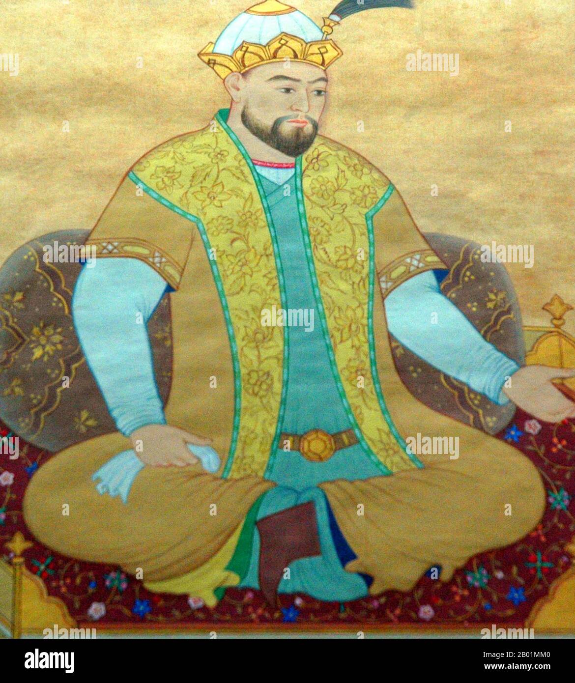 Iran/Uzbekistan: Ulugh Beg (22 marzo 1394 - 27 ottobre 1449), astronomo. Pittura in miniatura, c. 1453. Ulugh Beg era un sovrano timuride, nonché un astronomo, matematico e sultano. Il suo nome comunemente noto non è veramente un nome personale, ma può essere liberamente tradotto come "grande sovrano" ed era l'equivalente turco del titolo persiano-arabo di Tamerlano Amīr-e Kabīr. Il suo vero nome era Mīrzā Mohammad Tāraghay bin Shāhrokh. Ulugh Beg fu notevole per il suo lavoro in matematica correlata all'astronomia, come la trigonometria e la geometria sferica. Costruì il grande osservatorio a Samarcanda, tra il 1424 e il 1429. Foto Stock
