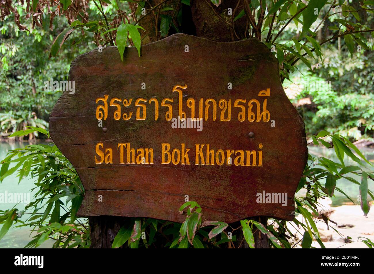 Thailandia: Cartello del parco, quindi Parco Nazionale Bokkharani, provincia di Krabi. Il Parco Nazionale di Than Bokkharani si trova nella provincia di Krabi a circa 45 chilometri (28 miglia) a nord-ovest della città di Krabi. Il parco copre un'area di 121 chilometri quadrati (47 miglia quadrate) ed è caratterizzato da una serie di affioramenti calcarei, foreste pluviali sempreverdi, foreste di mangrovie, torbiere e molte isole. Ci sono anche numerose grotte e complessi rupestri con alcune spettacolari stalagmiti e stalattiti. Il Bokkharani è incentrato su due famose grotte, Tham Lot e Tham Phi Hua. Foto Stock