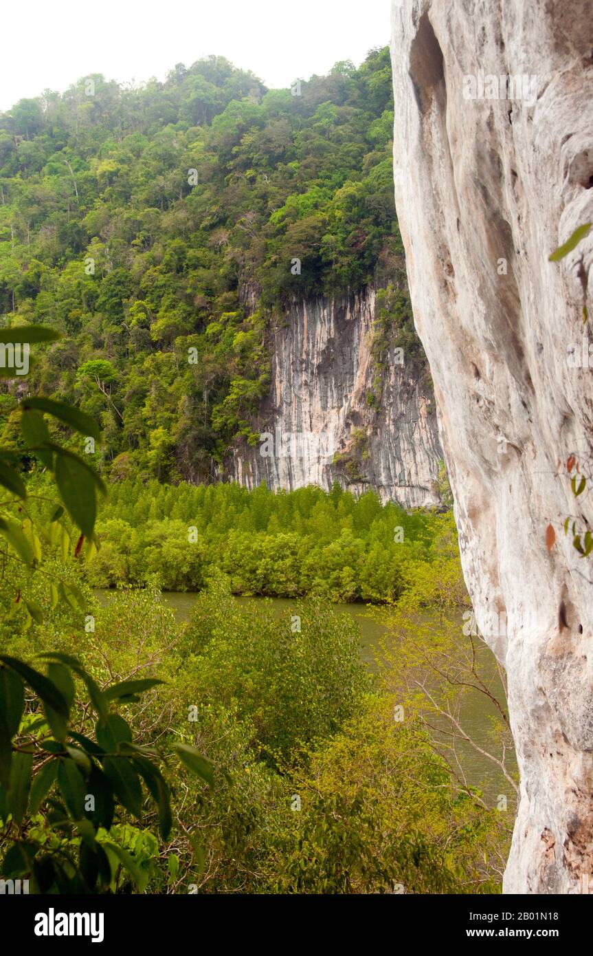Thailandia: Vista dal Tham Phi Hua alla grotta (conosciuta anche come Tham Hua Kalok), oltre al Parco Nazionale Bokkharani, provincia di Krabi. Il Parco Nazionale di Than Bokkharani si trova nella provincia di Krabi a circa 45 chilometri (28 miglia) a nord-ovest della città di Krabi. Il parco copre un'area di 121 chilometri quadrati (47 miglia quadrate) ed è caratterizzato da una serie di affioramenti calcarei, foreste pluviali sempreverdi, foreste di mangrovie, torbiere e molte isole. Ci sono anche numerose grotte e complessi rupestri con alcune spettacolari stalagmiti e stalattiti. Foto Stock