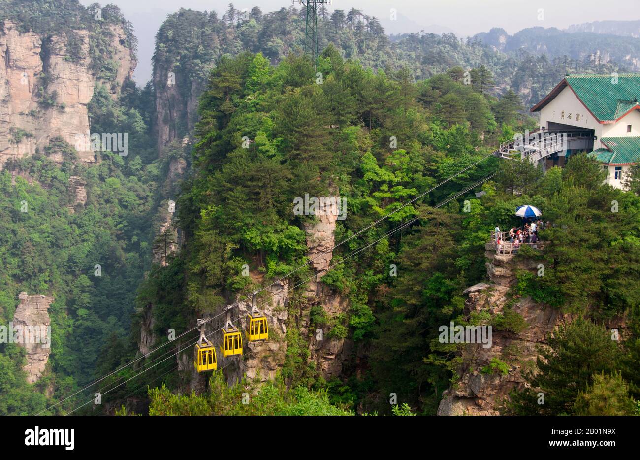 Cina: Funivia, area panoramica di Wulingyuan (Zhangjiajie), provincia di Hunan. La riserva panoramica di Wulingyuan è un'area panoramica e di interesse storico nella provincia di Hunan. È nota per i suoi circa 3.100 alti pilastri di arenaria di quarzite, alcuni dei quali hanno un'altezza di oltre 800 metri (2.600 piedi) e sono un tipo di formazione carsica. Nel 1992 è stato dichiarato patrimonio dell'umanità dall'UNESCO. Foto Stock