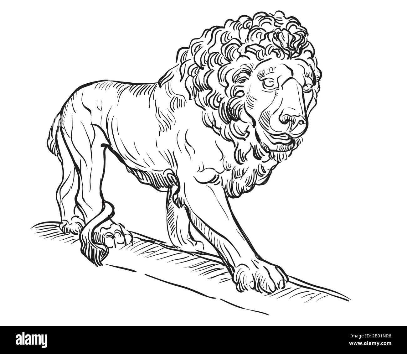 Disegno di camminare marmo leone statua vista profilo. Illustrazione del disegno vettoriale a mano in colore nero isolato su sfondo bianco. Elemento grafico per d Illustrazione Vettoriale