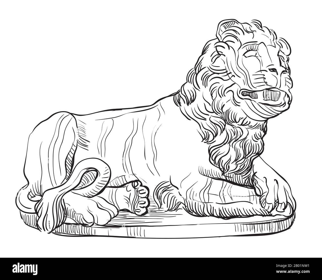 Disegno di pietra che giace leone statua vista profilo. Illustrazione del disegno vettoriale a mano in colore nero isolato su sfondo bianco. Elemento grafico per desi Illustrazione Vettoriale