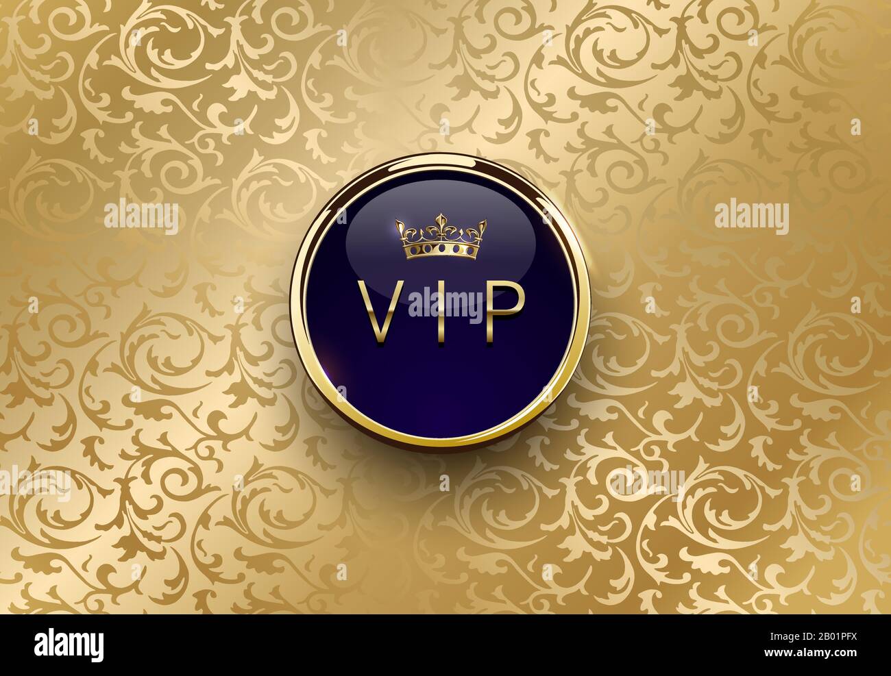 Etichetta VIP blu con corona circolare dorata su sfondo oro floreale. Modello premium Royal lucida. Immagine vettoriale di lusso. Vintage Illustrazione Vettoriale