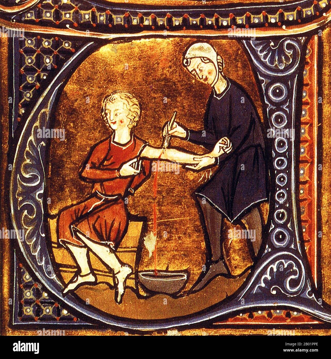 Italia: Medico che lascia il sangue da un paziente. Dal libro "li Livres dou Santé" di Aldobrandino di Siena (-1296/1299), fine XIII secolo. Il salasso (o il salasso) è il prelievo di piccole quantità di sangue spesso da un paziente per curare o prevenire malattie e malattie. Il salasso era basato su un antico sistema di medicina in cui il sangue e altri fluidi corporei erano considerati "umori" il cui giusto equilibrio manteneva la salute. Era la pratica medica più comune eseguita dai medici dall'antichità fino alla fine del XIX secolo, un arco di tempo di quasi 2.000 anni. Foto Stock