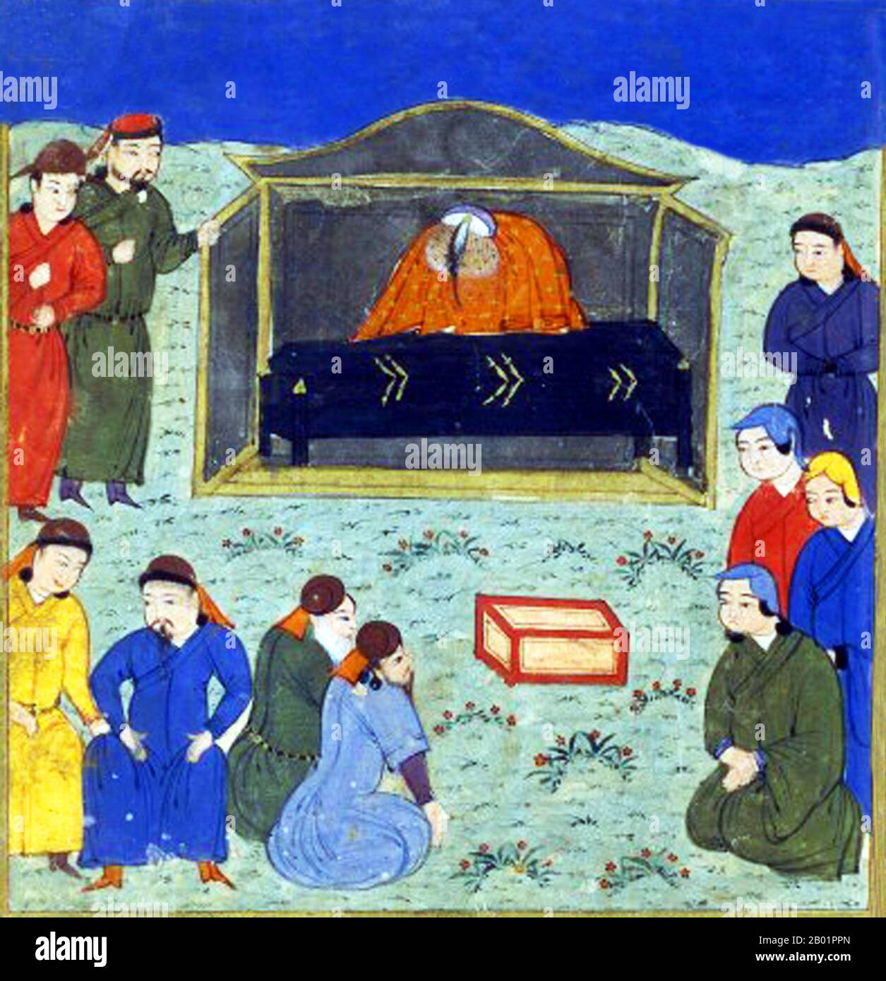 Iran/Mongolia: I funerali di Hulagu Khan, rappresentati nella "storia del mondo" di Rashid al-DIN, 1430 circa. Hulagu Khan (1217 circa – 8 febbraio 1265), noto anche come Hülegü, Hulegu o Halaku, fu un sovrano mongolo che conquistò gran parte dell'Asia sud-occidentale. Figlio di Tolui e della principessa Kerait Sorghaghtani Beki, era nipote di Gengis Khan e fratello di Arik Boke, Möngke Khan e Kublai Khan. L'esercito di Hulagu espanse notevolmente la parte sud-occidentale dell'Impero mongolo, fondando l'Ilkhanato di Persia, un precursore dell'eventuale dinastia safavide, e poi il moderno stato dell'Iran. Foto Stock