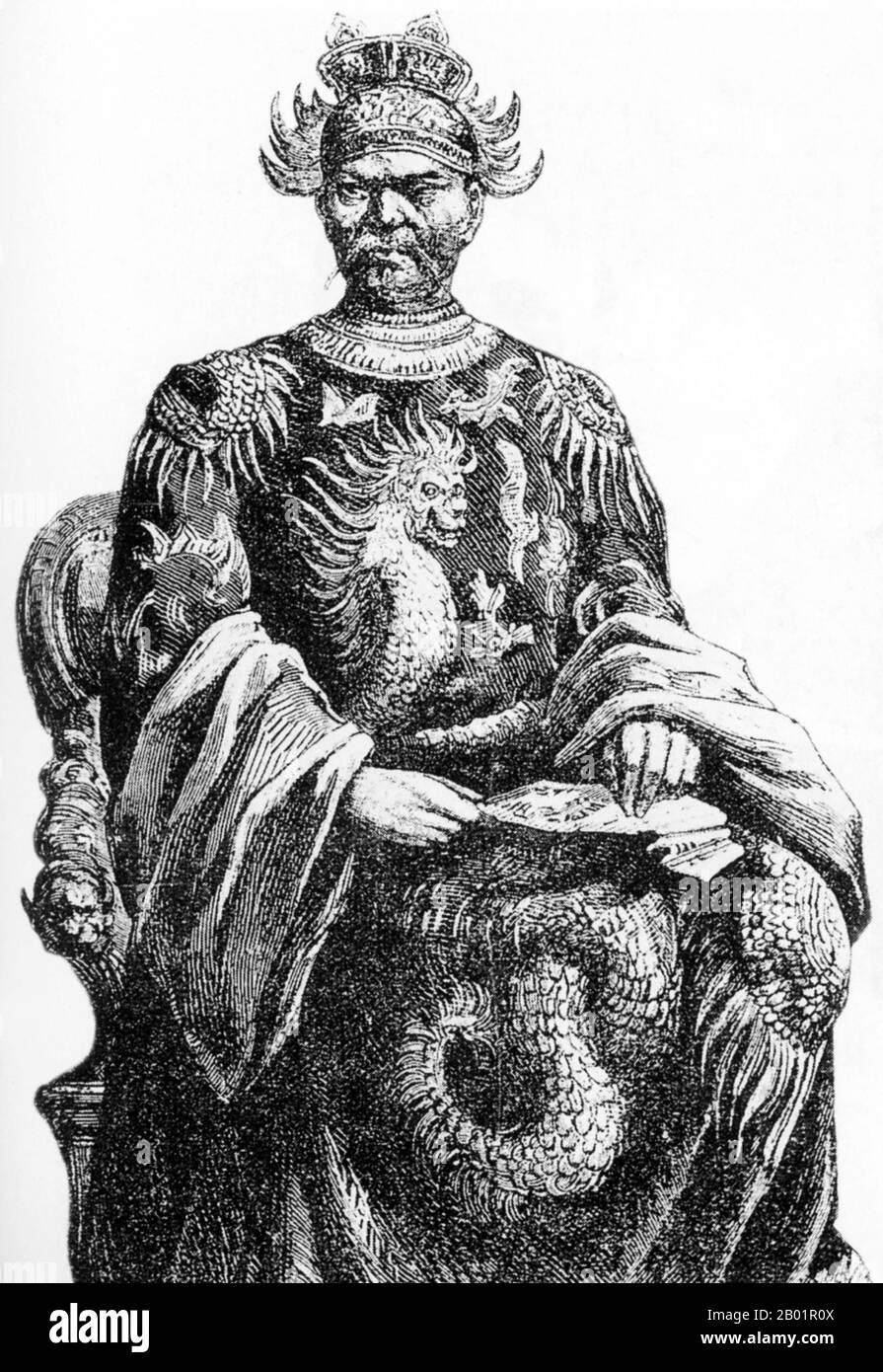 Vietnam: Imperatore tu Duc (22 settembre 1829 - 17 luglio 1883), IV imperatore della dinastia Nguyen. Incisione di Henri Meyer (1844-1899), copertina del 'Diario Illustrous', 1883. Imperatore Tự Đức (nome completo: Nguyễn Phúc Hồng Nhậm, anche Nguyen Phuc Thi) fu il quarto imperatore della dinastia Nguyễn del Vietnam e regnò dal 1847 al 1883. Figlio dell'imperatore Thiệu Trị, il principe Nguyễn Phúc Hồng Nhậm succedette a suo padre con il titolo regnante di Tự Đức, ma i problemi familiari causarono un inizio violento della sua epoca. Foto Stock