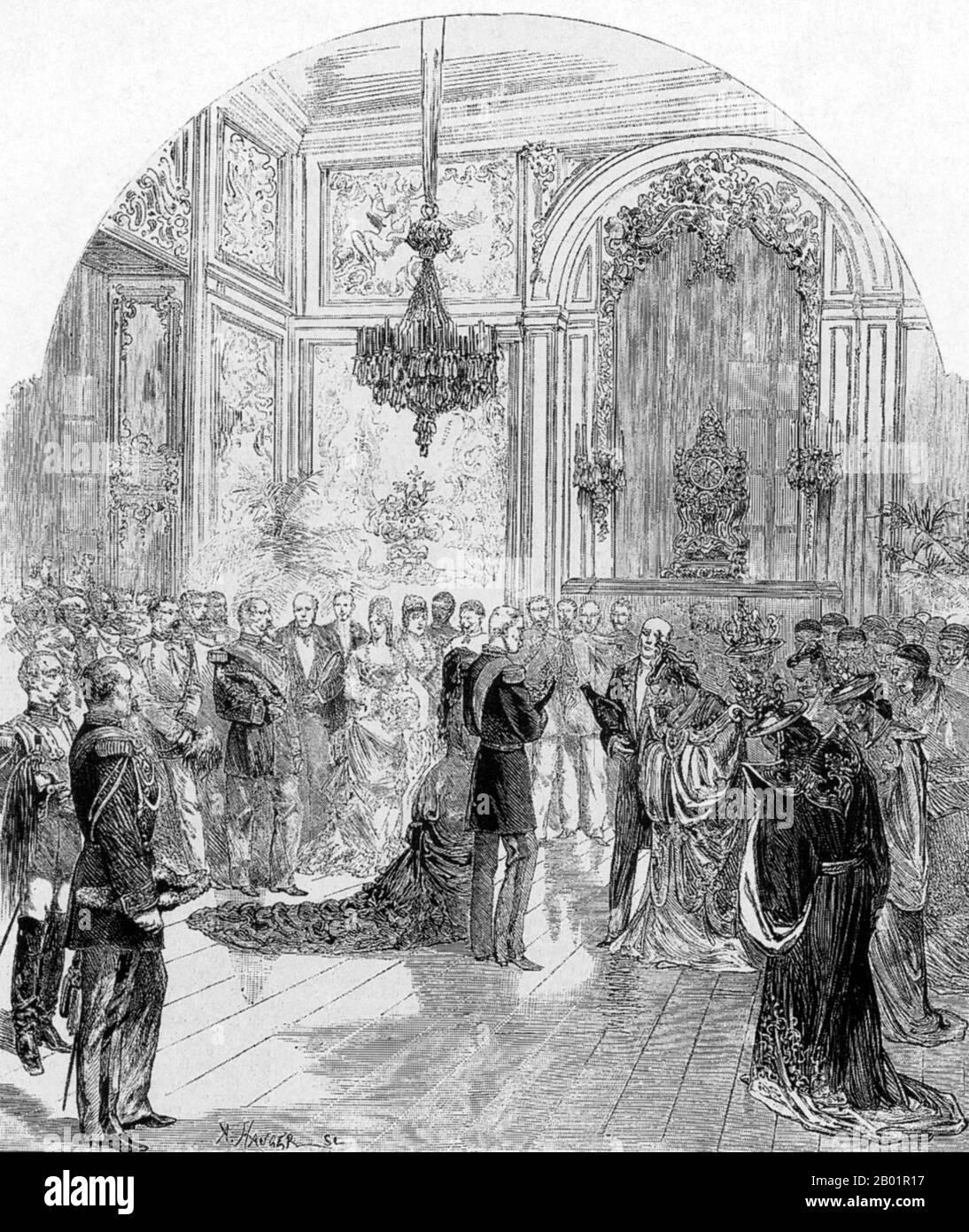 Vietnam/Francia: Gli ambasciatori annamiti hanno ricevuto all'Elysee Palace di Parigi, 1878. L'Indocina francese faceva parte dell'impero coloniale francese nel sud-est asiatico. Una federazione delle tre regioni vietnamite, Tonchino (Nord), Annam (Centro) e Cochinchina (Sud), così come la Cambogia, fu costituita nel 1887. Foto Stock