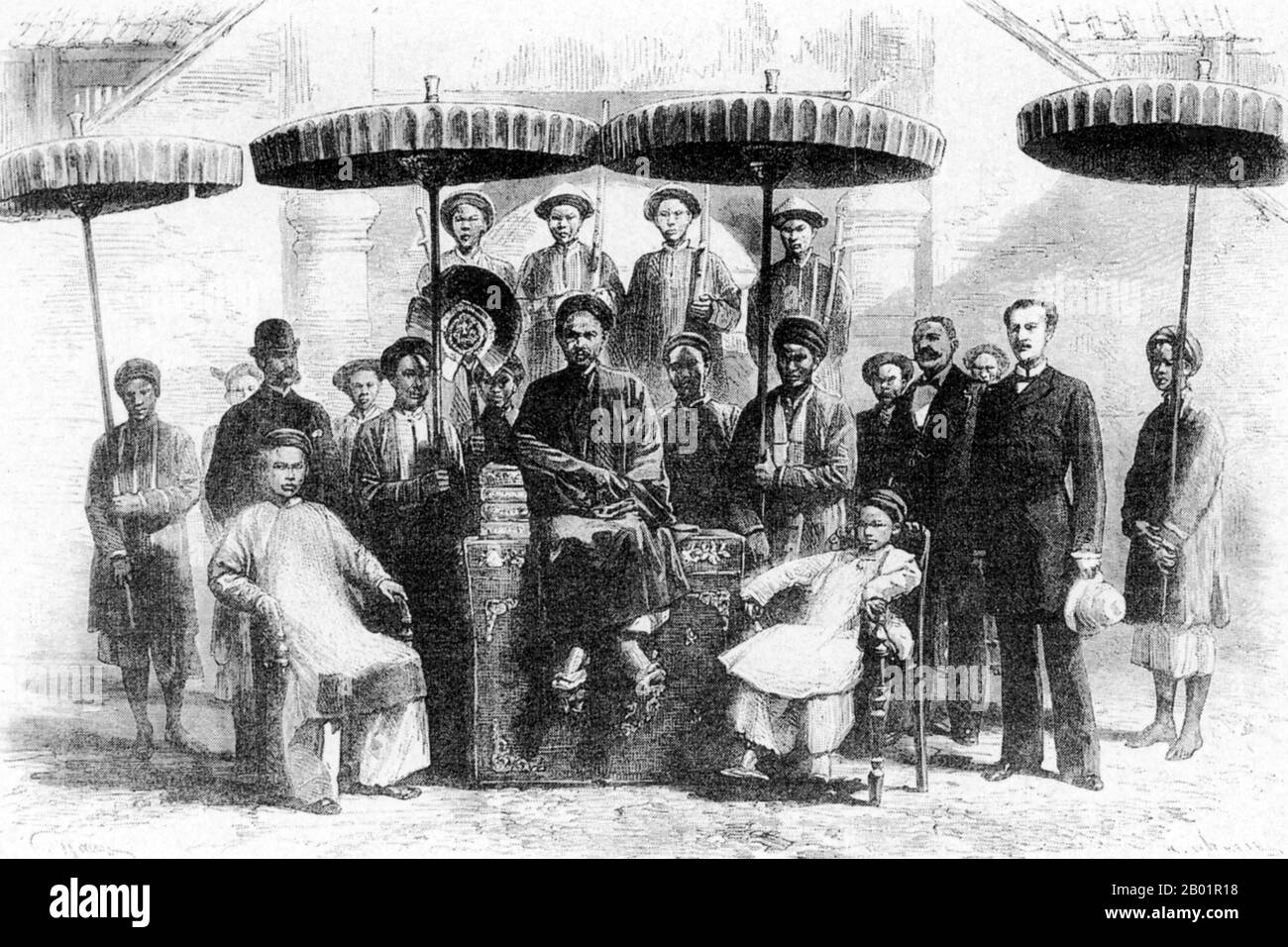 Vietnam: Il mandarino del porto di Haiphong con il direttore della polizia. Incisione, 1883. L'Indocina francese faceva parte dell'impero coloniale francese nel sud-est asiatico. Una federazione delle tre regioni vietnamite, Tonchino (Nord), Annam (Centro) e Cochinchina (Sud), così come la Cambogia, fu costituita nel 1887. Foto Stock