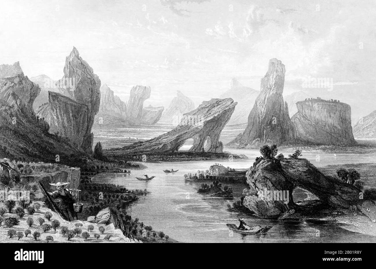 Cina/Regno Unito: "Woo-e-shan, or Bohea Hills, Province of Fo-kien". Incisione di Thomas Allom (13 marzo 1804 - 21 ottobre 1872), 1843. Thomas Allom è stato un architetto, artista e illustratore topografico inglese. Fu membro fondatore di quello che divenne il Royal Institute of British Architects (RIBA). Progettò molti edifici a Londra, tra cui la Chiesa di San Pietro e parti dell'elegante tenuta Ladbroke a Notting Hill. Ha anche lavorato con Sir Charles Barry su numerosi progetti, in particolare The Houses of Parliament, ed è anche noto per le sue numerose opere topografiche. Foto Stock