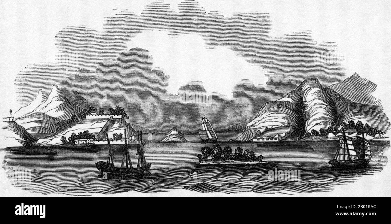 Cina/Regno Unito: "The Bogue Forts". Incisione in legno di E. T. Wigan, 1844. La bocca Tigris, Bogue o Humen (letteralmente: "Porta della tigre") è uno stretto nel delta del fiume delle Perle, dove il fiume delle Perle si getta nel Mar Cinese meridionale. Lo stretto è formato dalle isole di Chuenpee e Anunghoy sul lato orientale e Tycocktow sul lato occidentale. Dal 1997, lo stretto è attraversato dal ponte Humen Pearl River. A causa della sua posizione strategica come porta di accesso navale a Guangzhou, lo stretto era tradizionalmente fortificato e qui furono combattute alcune importanti battaglie nella prima guerra dell'oppio. Foto Stock