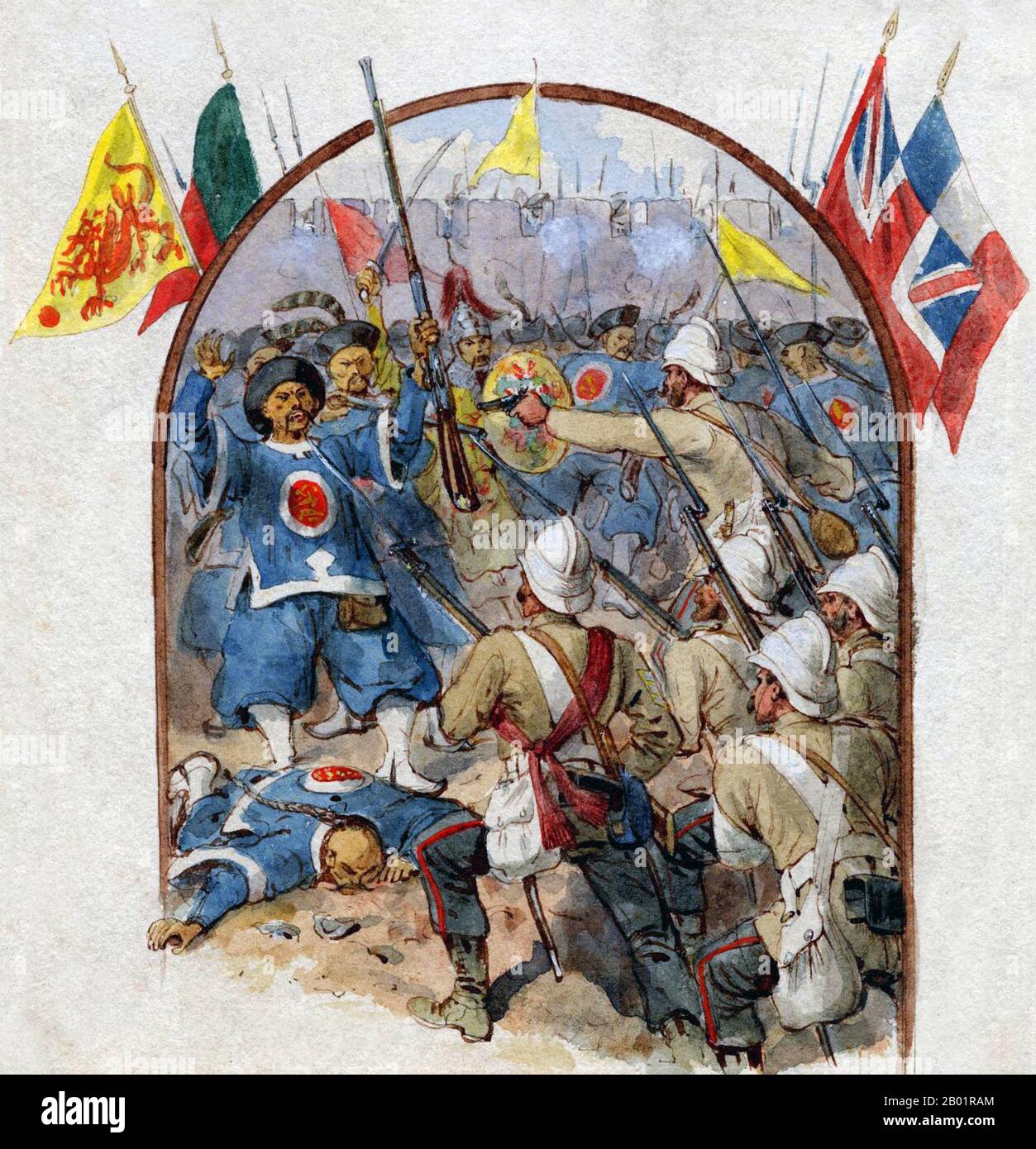 Cina: "The British 67th Foot Storming the Taku Forts, 1860". Acquerello dipinto di Richard Simkin (1840-1926), 1860. La seconda guerra dell'oppio, la seconda guerra anglo-cinese, la seconda guerra cinese, la guerra delle frecce o la spedizione anglo-francese in Cina, fu una guerra che contrapponeva l'Impero britannico e il secondo Impero francese contro la dinastia Qing della Cina, durata dal 1856 al 1860. Ne risultò una seconda sconfitta per la dinastia Qing e la legalizzazione forzata del commercio dell'oppio. Trattati più disuguali significavano più perdite territoriali per la Cina, così come l'apertura di tutta la Cina ai mercanti stranieri. Foto Stock