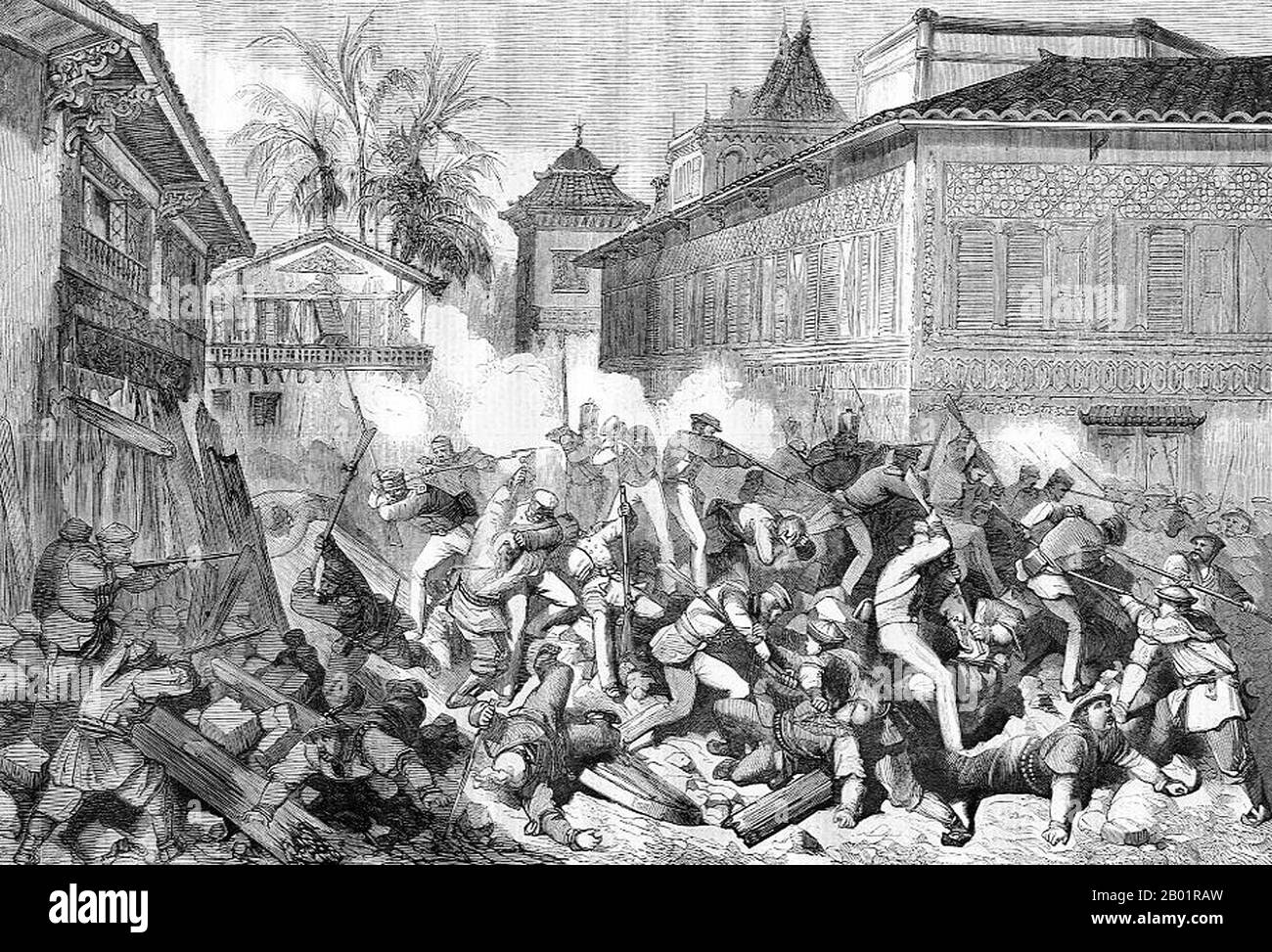 Cina/Regno Unito/Francia: "A Scene in the Attack on Canton by the Allied French and English". Engraving by 'Harper's Weekly', aprile 1858. La seconda guerra dell'oppio, la seconda guerra anglo-cinese, la seconda guerra cinese, la guerra delle frecce, o la spedizione anglo-francese in Cina, fu una guerra che contrapponeva l'Impero britannico e il secondo Impero francese contro la dinastia Qing della Cina, durata dal 1856 al 1860. Ne risultò una seconda sconfitta per la dinastia Qing e portò alla legalizzazione forzata del commercio dell'oppio. Trattati più disuguali significavano più perdite territoriali per la Cina. Foto Stock