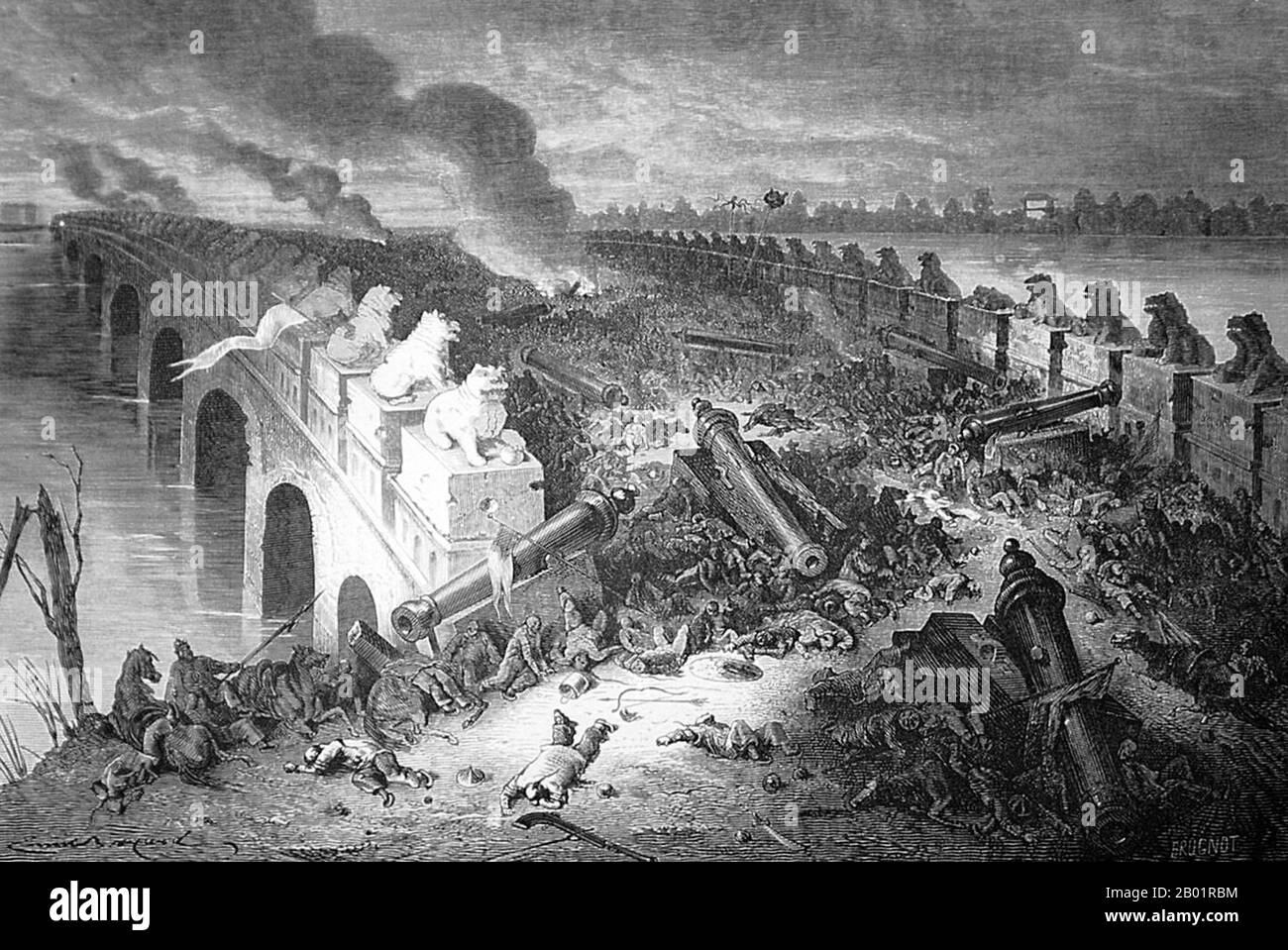Cina/Regno Unito/Francia: "La battaglia di Pai li Kiao". Incisione di Émile Bayard (2 novembre 1837 - 10 dicembre 1891), 21 settembre 1860. La seconda guerra dell'oppio, la seconda guerra anglo-cinese, la seconda guerra cinese, la guerra delle frecce, o la spedizione anglo-francese in Cina, fu una guerra che contrapponeva l'Impero britannico e il secondo Impero francese contro la dinastia Qing della Cina, durata dal 1856 al 1860. Ne risultò una seconda sconfitta per la dinastia Qing e portò alla legalizzazione forzata del commercio dell'oppio. Trattati più disuguali significavano più perdite territoriali per la Cina. Foto Stock