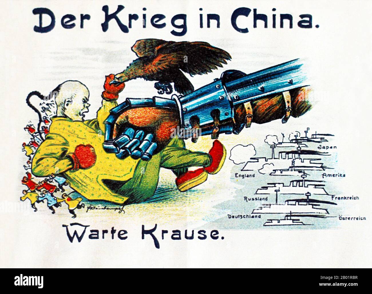 Cina/Germania: Carta propagandistica tedesca della ribellione dei Boxer che mostra la flotta alleata che distrugge la Cina imperiale, c. 1900. La ribellione dei Boxer, nota anche come rivolta dei Boxer o movimento Yihetuan, fu un movimento proto-nazionalista della Righteous Harmony Society in Cina tra il 1898 e il 1901, che si opponeva all'imperialismo straniero e al cristianesimo. La rivolta ebbe luogo in risposta alle sfere di influenza straniere in Cina, con rimostranze che andavano dai commercianti di oppio, dall'invasione politica, dalla manipolazione economica all'evangelismo missionario. Foto Stock