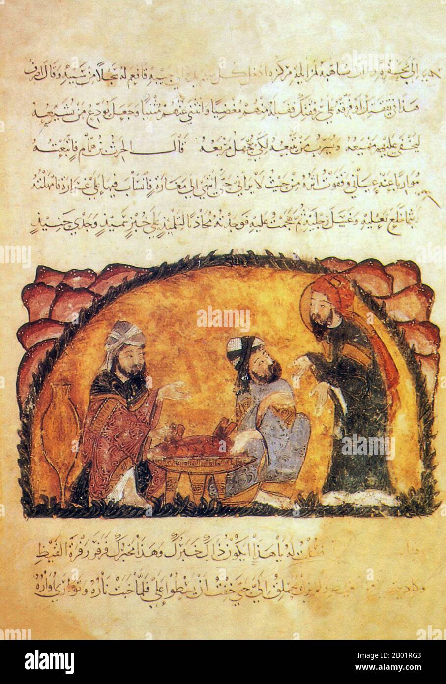 Iraq: Tre uomini che parlano e mangiano. Pittura in miniatura di Yahya ibn Mahmud al-Wasiti, 1237 d.C. Yahyâ ibn Mahmûd al-Wâsitî è stato un artista arabo islamico del XIII secolo. Al-Wasiti è nato a Wasit, nel sud dell'Iraq. Era noto per le sue illustrazioni del Maqam di al-Hariri. I Maqāma (letteralmente "assemblee") sono un genere letterario arabo (originariamente) di prosa rimata con intervalli di poesia in cui la stravaganza retorica è evidente. Si dice che l'autore del X secolo Badī' al-Zaman al-Hamadhāni abbia inventato la forma, che fu estesa da al-Hariri di Bassora nel secolo successivo. Foto Stock
