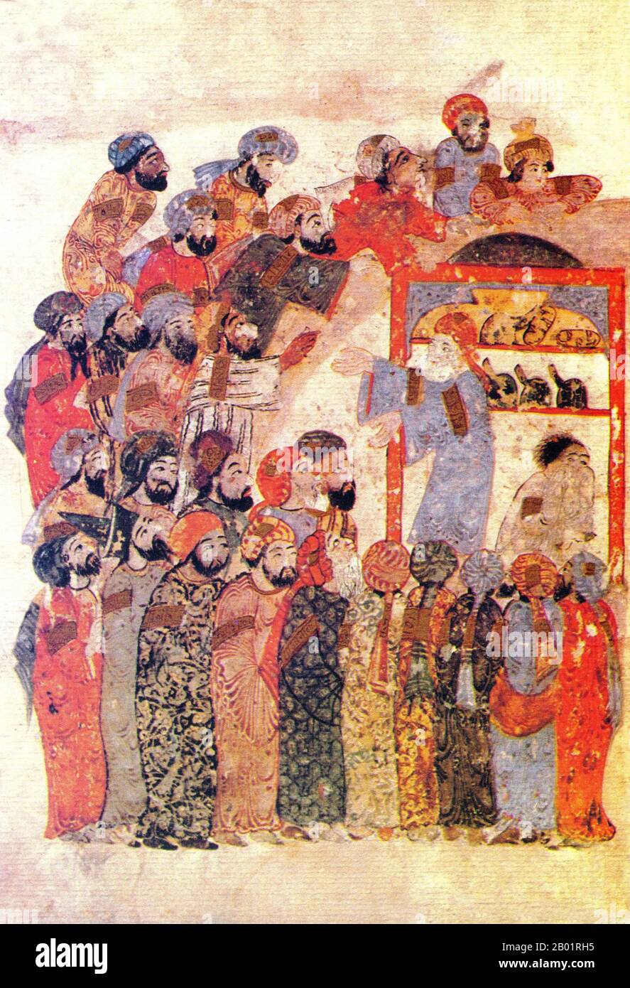Iraq: Una scena dal "Maqam" o "Assemblea”. Pittura in miniatura di Yahya ibn Mahmud al-Wasiti, 1237 d.C. Yahyâ ibn Mahmûd al-Wâsitî è stato un artista arabo islamico del XIII secolo. Al-Wasiti è nato a Wasit, nel sud dell'Iraq. Era noto per le sue illustrazioni del Maqam di al-Hariri. I Maqāma (letteralmente "assemblee") sono un genere letterario arabo (originariamente) di prosa rimata con intervalli di poesia in cui la stravaganza retorica è evidente. Si dice che l'autore del X secolo Badī' al-Zaman al-Hamadhāni abbia inventato la forma, che fu estesa da al-Hariri di Bassora nel secolo successivo. Foto Stock