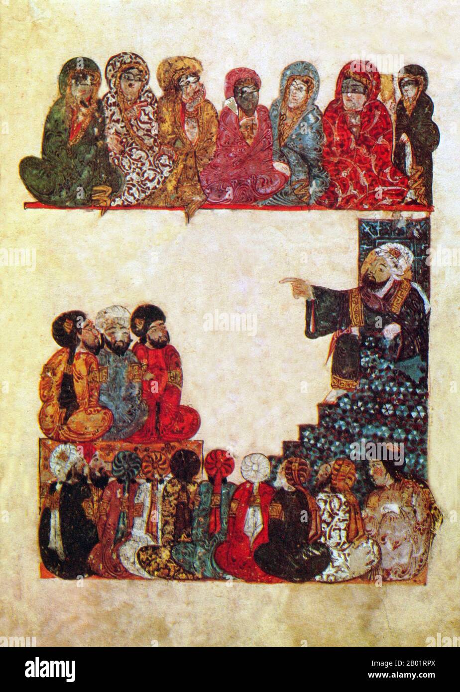 Iraq: Un sermone in una moschea, le donne sedute separatamente su un balcone. Pittura in miniatura di Yahya ibn Mahmud al-Wasiti, 1237 d.C. Yahyâ ibn Mahmûd al-Wâsitî è stato un artista arabo islamico del XIII secolo. Al-Wasiti è nato a Wasit, nel sud dell'Iraq. Era noto per le sue illustrazioni del Maqam di al-Hariri. I Maqāma (letteralmente "assemblee") sono un genere letterario arabo (originariamente) di prosa rimata con intervalli di poesia in cui la stravaganza retorica è evidente. Si dice che l'autore del X secolo Badī' al-Zaman al-Hamadhāni abbia inventato la forma, che fu estesa da al-Hariri di Bassora. Foto Stock