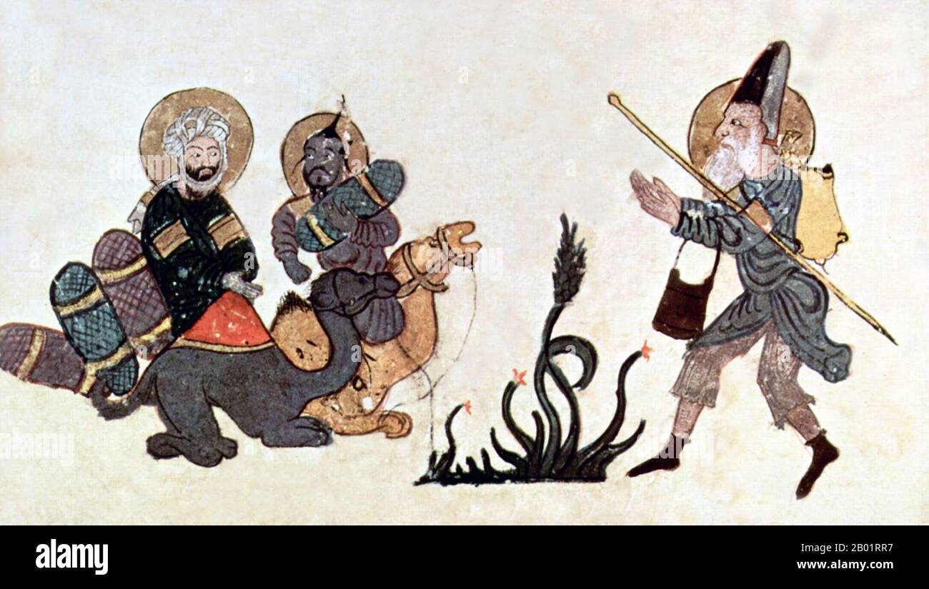 Iraq: Un mendicante e due cammelli nel deserto. Pittura in miniatura di Yahya ibn Mahmud al-Wasiti, 1237 d.C. Yahyâ ibn Mahmûd al-Wâsitî è stato un artista arabo islamico del XIII secolo. Al-Wasiti è nato a Wasit, nel sud dell'Iraq. Era noto per le sue illustrazioni del Maqam di al-Hariri. I Maqāma (letteralmente "assemblee") sono un genere letterario arabo (originariamente) di prosa rimata con intervalli di poesia in cui la stravaganza retorica è evidente. Si dice che l'autore del X secolo Badī' al-Zaman al-Hamadhāni abbia inventato la forma, che fu estesa da al-Hariri di Bassora. Foto Stock