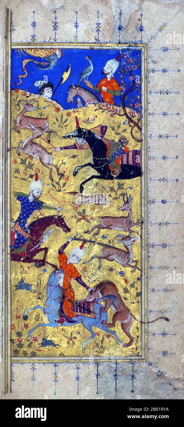 Iran/Persia: Una scena di caccia. Frontespizio da un divan di Hafez Shirazi (c. 1325-1390), XVI secolo. Khwāja Shamsu d-Dīn Muhammad Hāfez-e Shīrāzī, conosciuto con lo pseudonimo di Hāfez, è stato un poeta persiano. Le sue opere raccolte composte da serie di poesie persiane (Divan) si trovano nelle case della maggior parte dei parlanti persiani in Iran e Afghanistan, così come altrove nel mondo, che imparano le sue poesie a memoria e le usano come proverbi e detti fino ad oggi. La sua vita e le sue poesie sono state oggetto di molte analisi, commenti e interpretazioni. Foto Stock