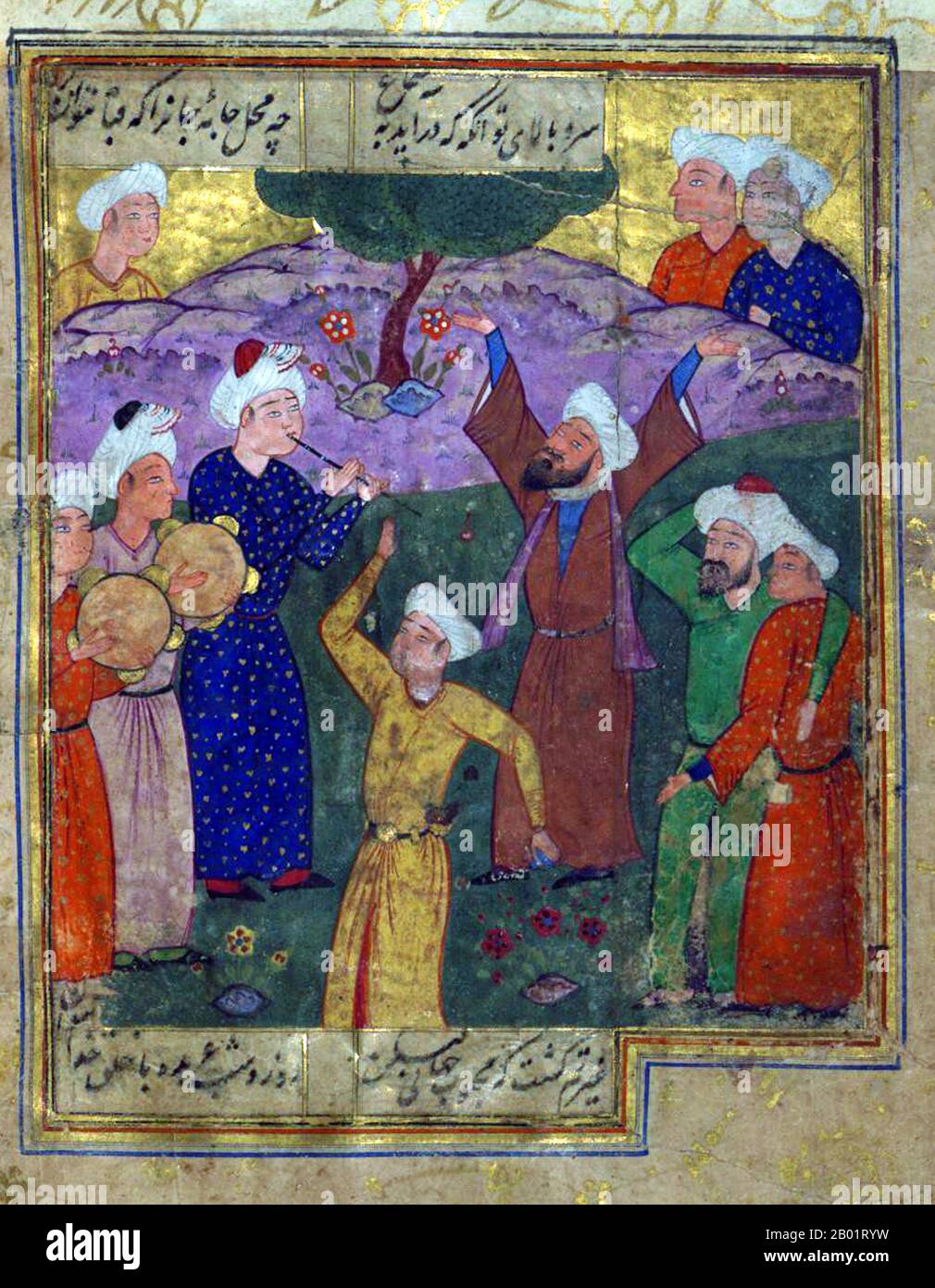 Iran/Persia: I sufi ballano alla musica. Folio da un divan di Hafez Shirazi (c. 1325-1390), XVI secolo. Khwāja Shamsu d-Dīn Muhammad Hāfez-e Shīrāzī, conosciuto con lo pseudonimo di Hāfez, è stato un poeta persiano. Le sue opere raccolte composte da serie di poesie persiane (Divan) si trovano nelle case della maggior parte dei parlanti persiani in Iran e Afghanistan, così come altrove nel mondo, che imparano le sue poesie a memoria e le usano come proverbi e detti fino ad oggi. La sua vita e le sue poesie sono state oggetto di molte analisi, commenti e interpretazioni. Foto Stock