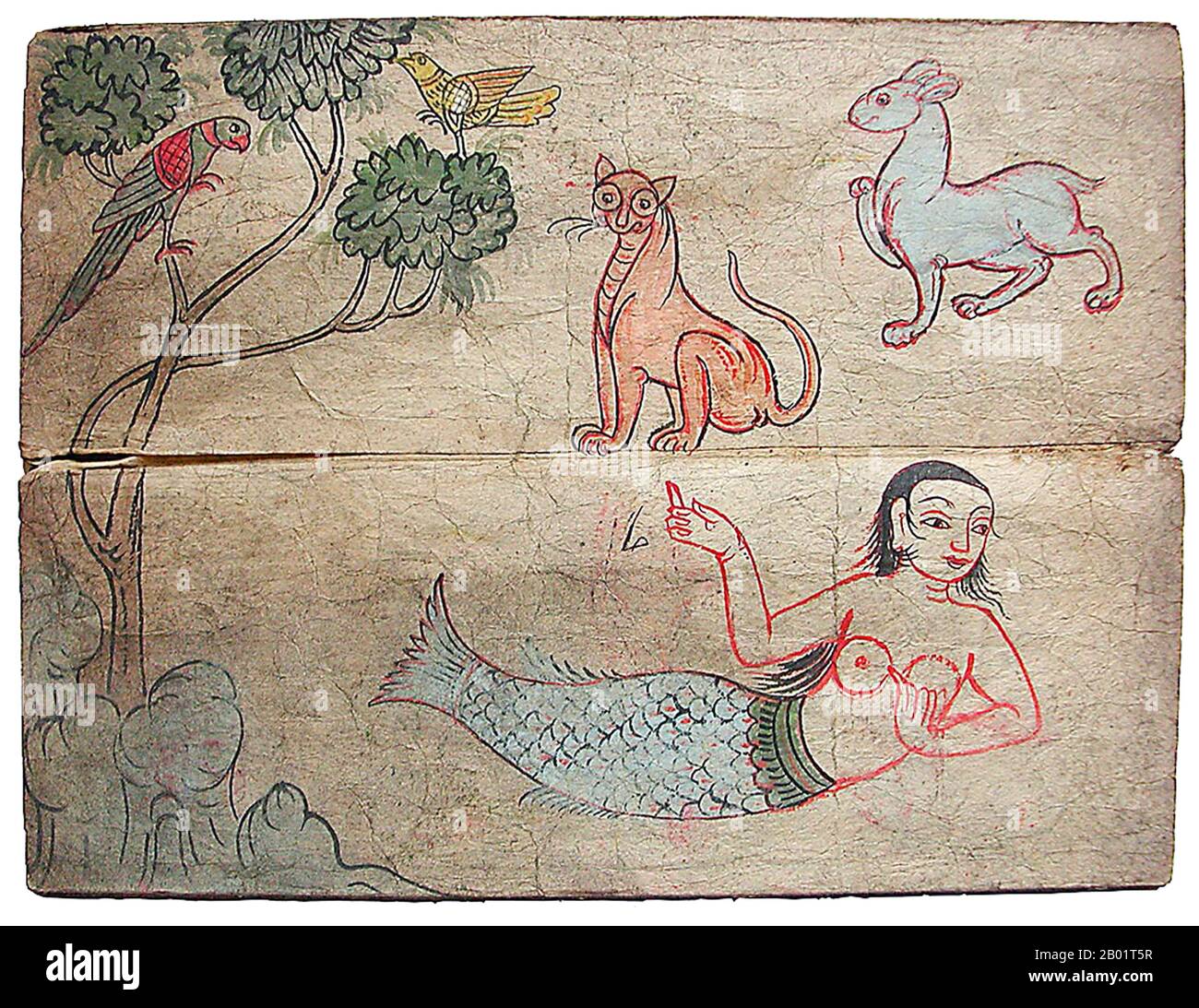 Birmania/Myanmar: Pittura di una sirena e di altre creature, alcune mitiche, del XVIII secolo. Questo foglio proviene da un libro di riferimento di dipinti probabilmente progettato come guida per i pittori murali dei templi. Foto Stock