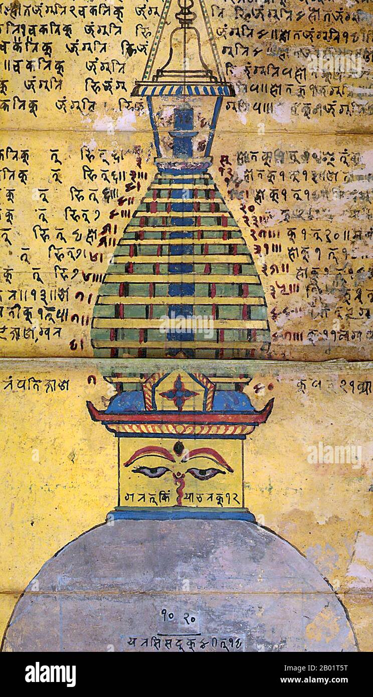 Nepal: Un dipinto nepalese del grande stupa al Tempio di Swayambhunath, Kathmandu, XVIII secolo. Swayambhunath è un antico complesso religioso in cima a una collina nella valle di Kathmandu, a ovest della città di Kathmandu. È anche conosciuto come il Tempio delle scimmie poiché ci sono scimmie sacre che vivono in parti del tempio nel nord-ovest. Il nome tibetano del sito significa "alberi sublimi" (Wylie:Phags.pa Shing.kun), per le molte varietà di alberi che si trovano sulla collina. Foto Stock