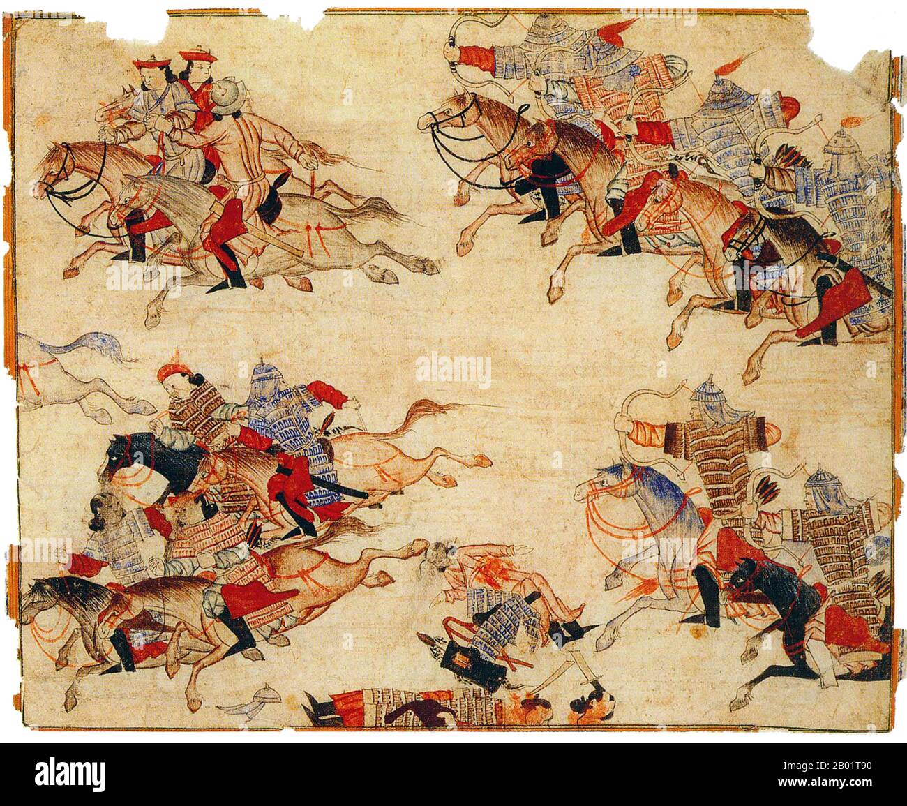 Iran/Persia: Una battaglia di cavalleria. I mongoli attaccano da destra. Acquerello dipinto di Rashid al-DIN, Jami al-Tawarikh, c. 1305 d.C. Il Jāmi' al-tawārīkh ("Compendio delle Cronache") o storia universale è un'opera di letteratura e storia iraniana scritta da Rashid-al-DIN Hamadani all'inizio del XIV secolo. Foto Stock
