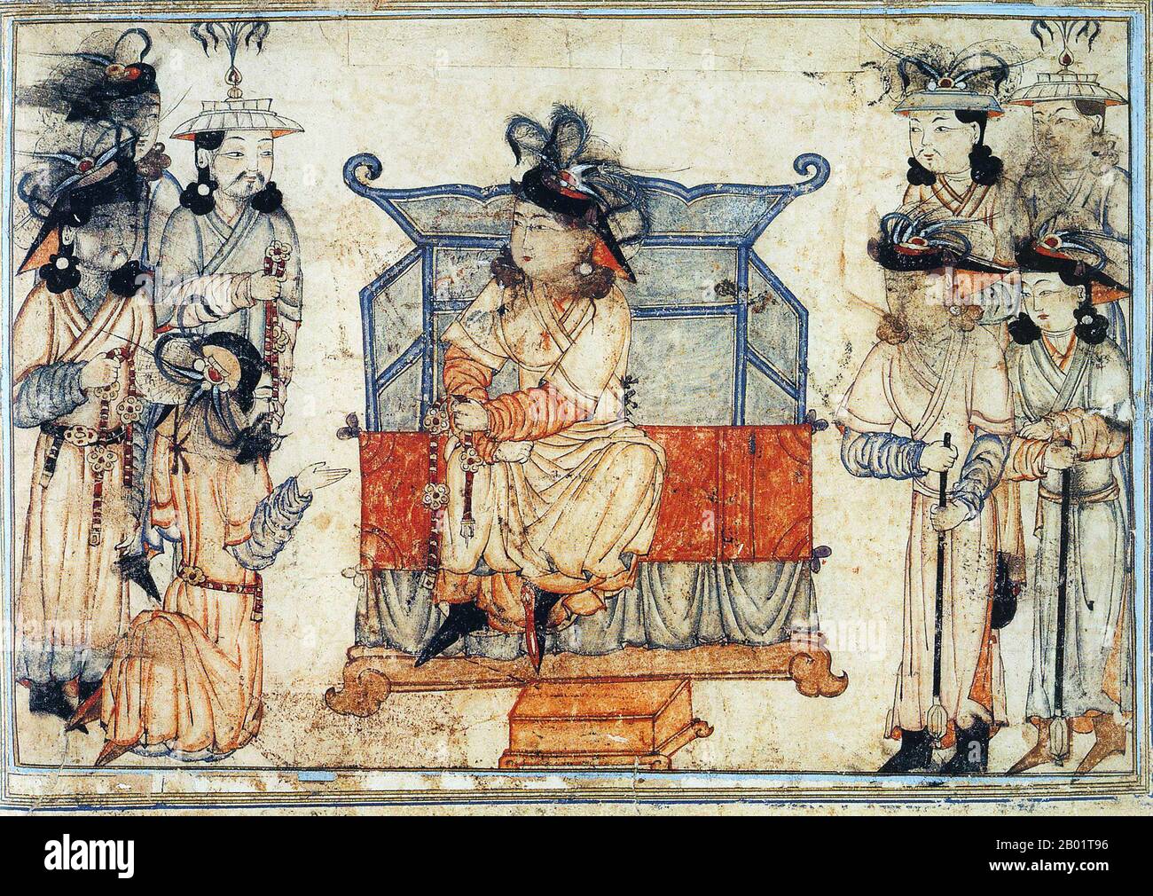 Iran/Persia: L'Ilkhan che distribuisce ricompense. Acquerello dipinto di Rashid al-DIN, Jami al-Tawarikh, c. 1305 d.C. Il Jāmiʿal-tawārīkh ("Compendio delle Cronache") o storia universale è un'opera di letteratura e storia iraniana scritta da Rashid-al-DIN Hamadani all'inizio del XIV secolo. Foto Stock