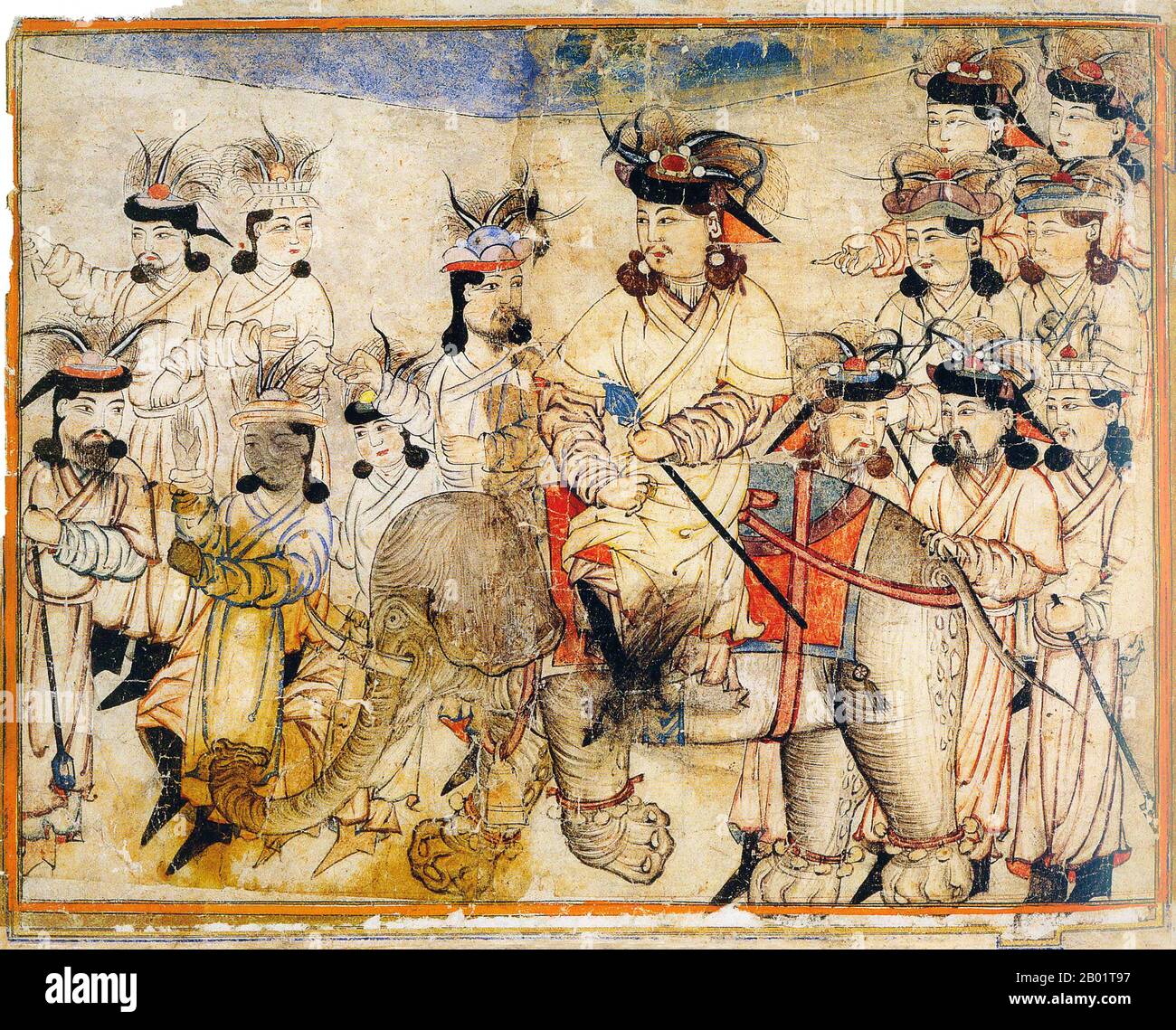 Iran/Persia: Ilkhan sul dorso dell'elefante. Acquerello dipinto di Rashid al-DIN, Jami al-Tawarikh, c. 1305 d.C. Il Jāmiʿ al-tawārīkh ("Compendio delle Cronache") o storia universale è un'opera di letteratura e storia iraniana scritta da Rashid-al-DIN Hamadani all'inizio del XIV secolo. Foto Stock