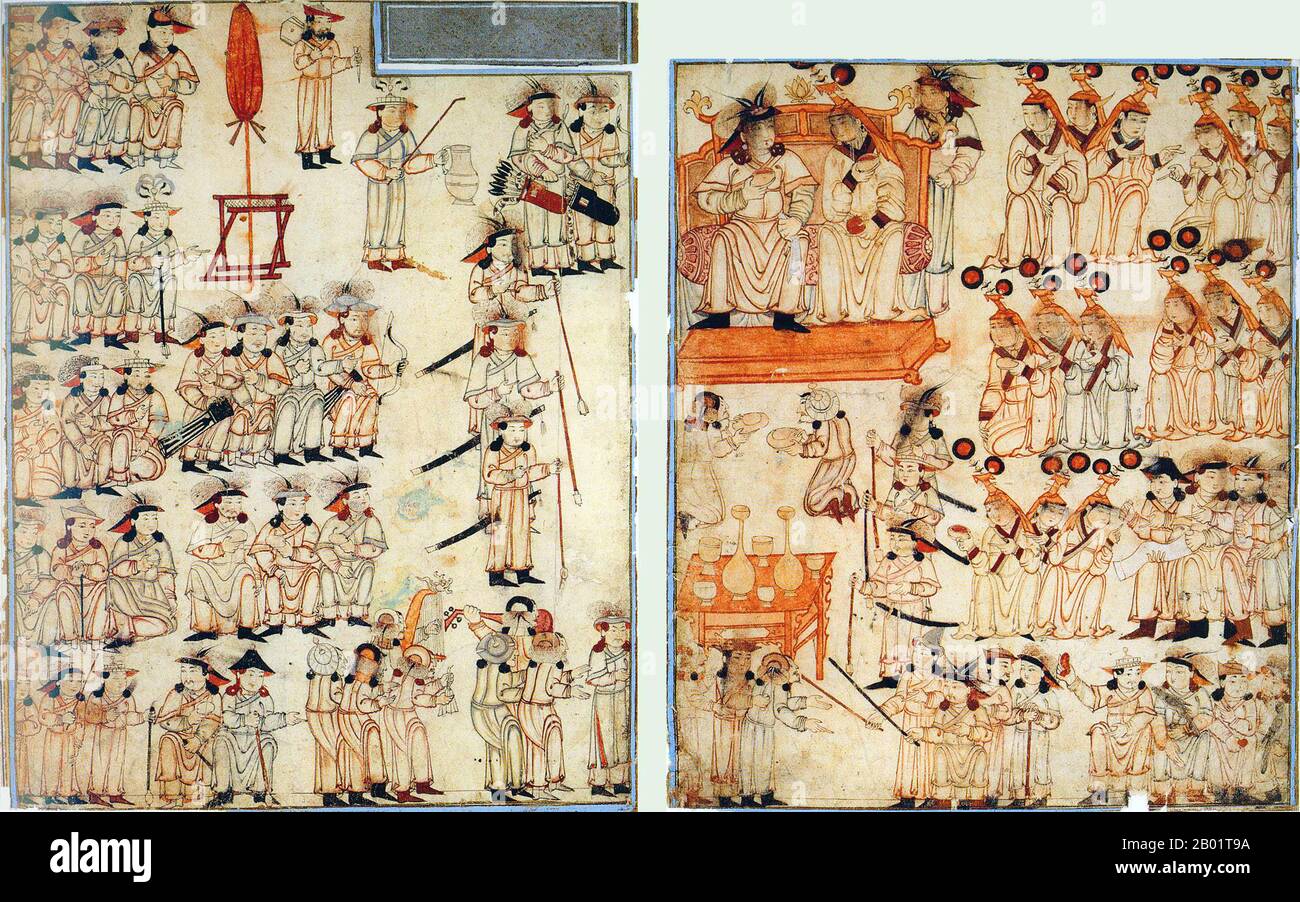Iran/Persia: Intronizzazione di un khan mongolo. Acquerello dipinto di Rashid al-DIN, Jami al-Tawarikh, c. 1305 d.C. Il Jāmiʿ al-tawārīkh ("Compendio delle Cronache") o storia universale è un'opera di letteratura e storia iraniana scritta da Rashid-al-DIN Hamadani all'inizio del XIV secolo. Foto Stock