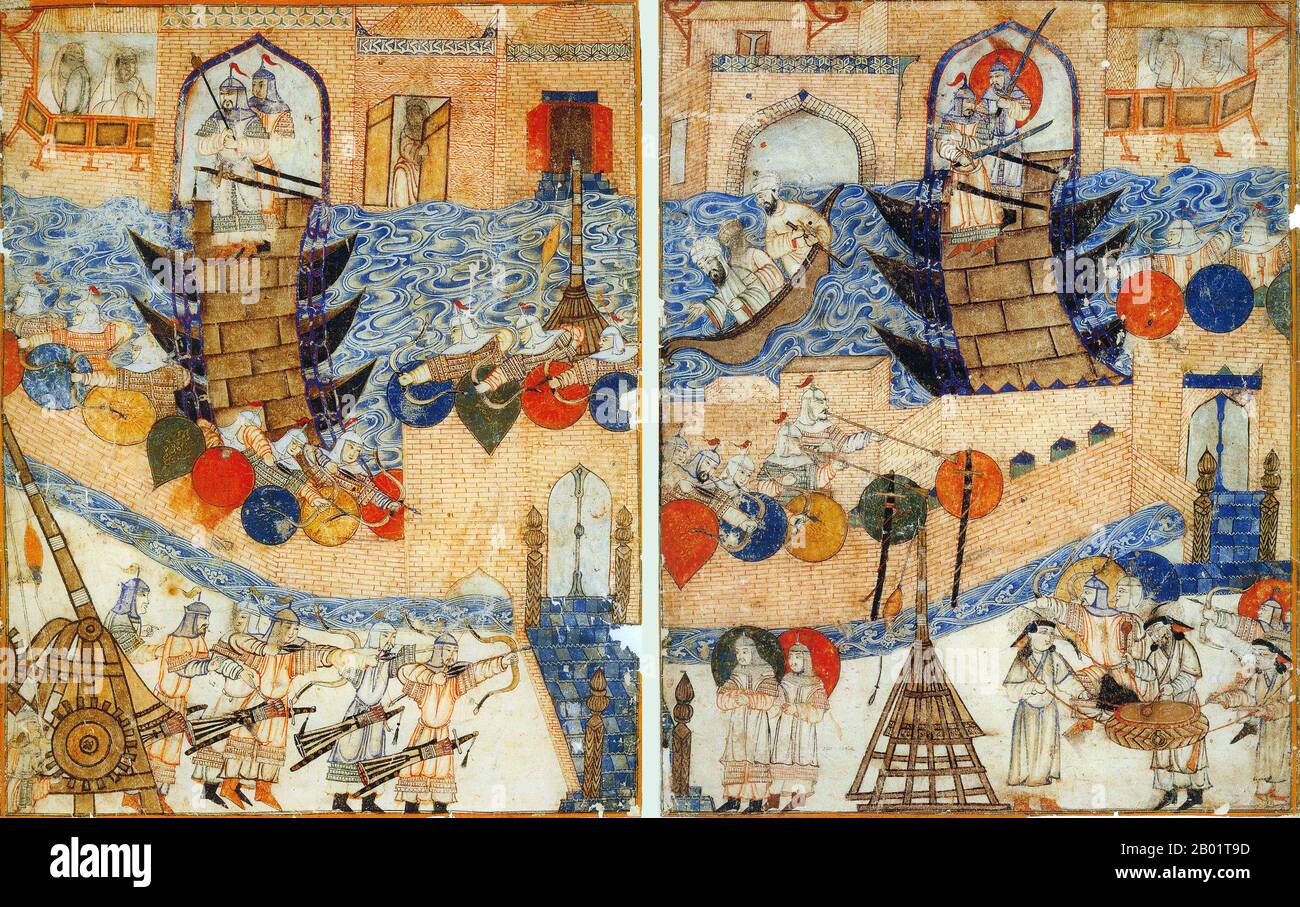 Iran/Persia: La caduta di Baghdad ai Mongoli nel 1258. Acquerello dipinto di Rashid al-DIN, Jami al-Tawarikh, c. 1305 d.C. Il Jāmiʿ al-tawārīkh ("Compendio delle Cronache") o storia universale è un'opera di letteratura e storia iraniana scritta da Rashid-al-DIN Hamadani all'inizio del XIV secolo. Foto Stock