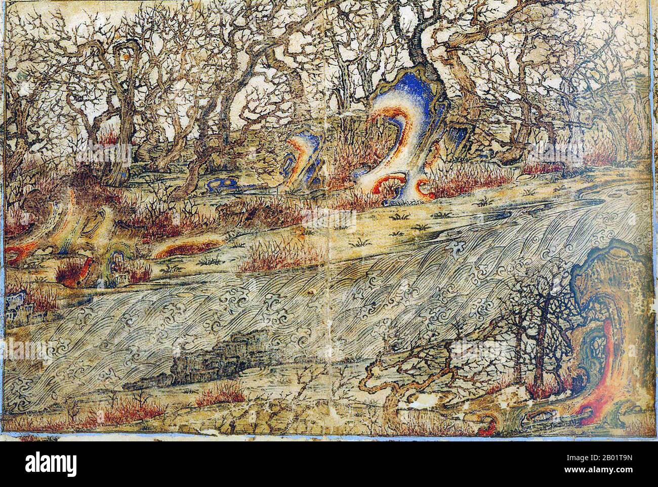 Iran/Persia: Un paesaggio. Acquerello dipinto di Rashid al-DIN, Jami al-Tawarikh, c. 1305 d.C. Il Jāmiʿ al-tawārīkh ("Compendio delle Cronache") o storia universale è un'opera di letteratura e storia iraniana scritta da Rashid-al-DIN Hamadani all'inizio del XIV secolo. Foto Stock