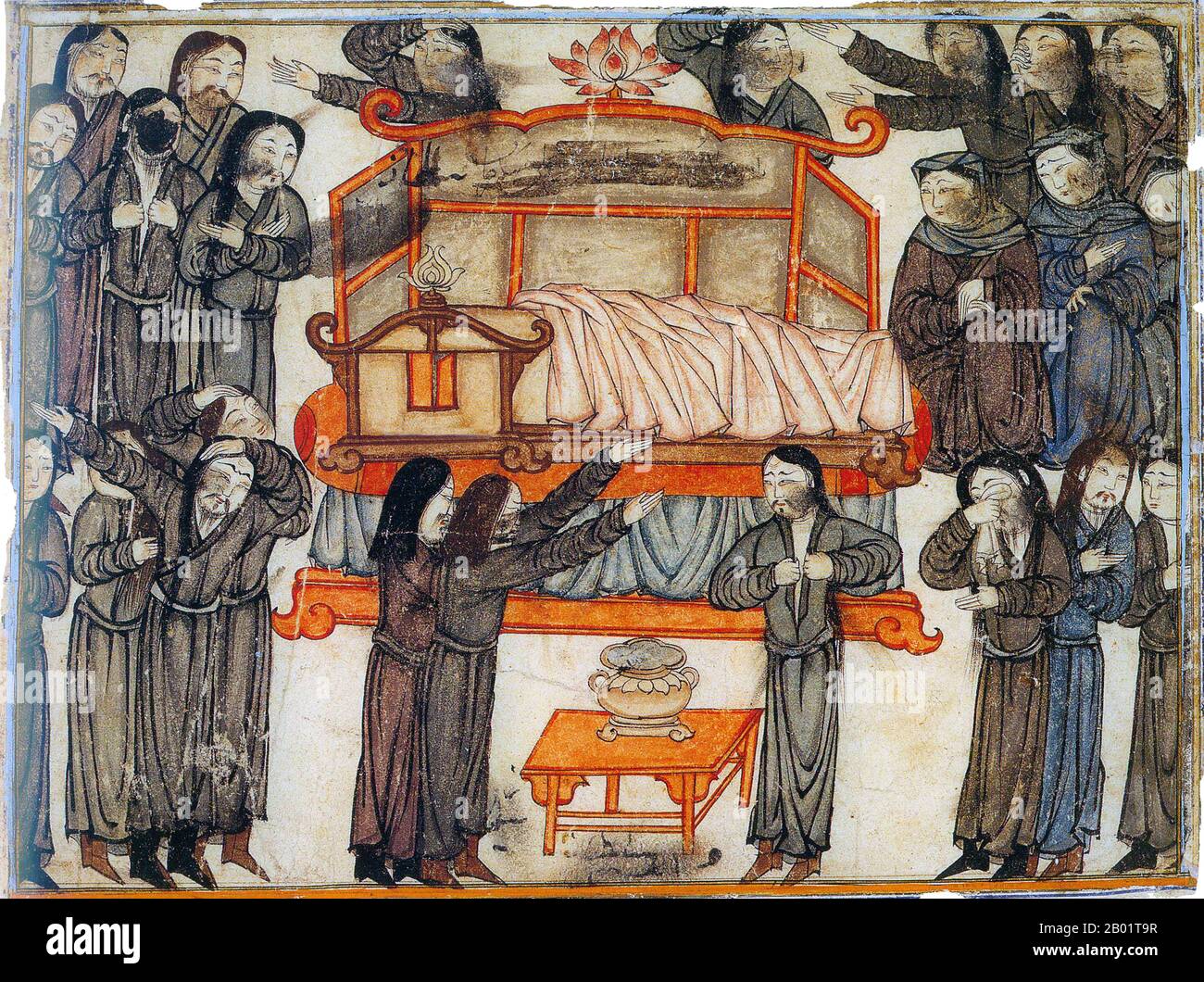 Iran/Persia: Lutto per la morte di un khan mongolo. Acquerello dipinto di Rashid al-DIN, Jami al-Tawarikh, c. 1305 d.C. Il Jāmiʿ al-tawārīkh ("Compendio delle Cronache") o storia universale è un'opera di letteratura e storia iraniana scritta da Rashid-al-DIN Hamadani all'inizio del XIV secolo. Foto Stock