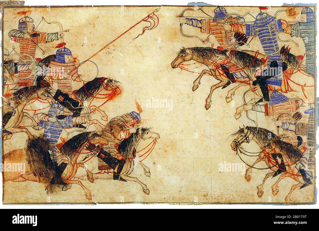 Iran/Persia: Una battaglia tra arcieri a cavallo. Acquerello dipinto di Rashid al-DIN, Jami al-Tawarikh, c. 1305 d.C. Il Jāmiʿ al-tawārīkh ("Compendio delle Cronache") o storia universale è un'opera di letteratura e storia iraniana scritta da Rashid-al-DIN Hamadani all'inizio del XIV secolo. Foto Stock