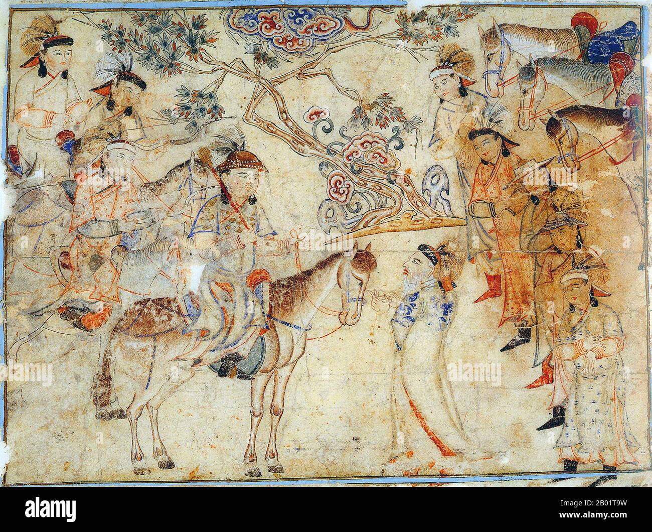 Iran/Persia: Scena negoziale. Acquerello dipinto di Rashid al-DIN, Jami al-Tawarikh, c. 1305 d.C. Il Jāmiʿ al-tawārīkh ("Compendio delle Cronache") o storia universale è un'opera di letteratura e storia iraniana scritta da Rashid-al-DIN Hamadani all'inizio del XIV secolo. Foto Stock