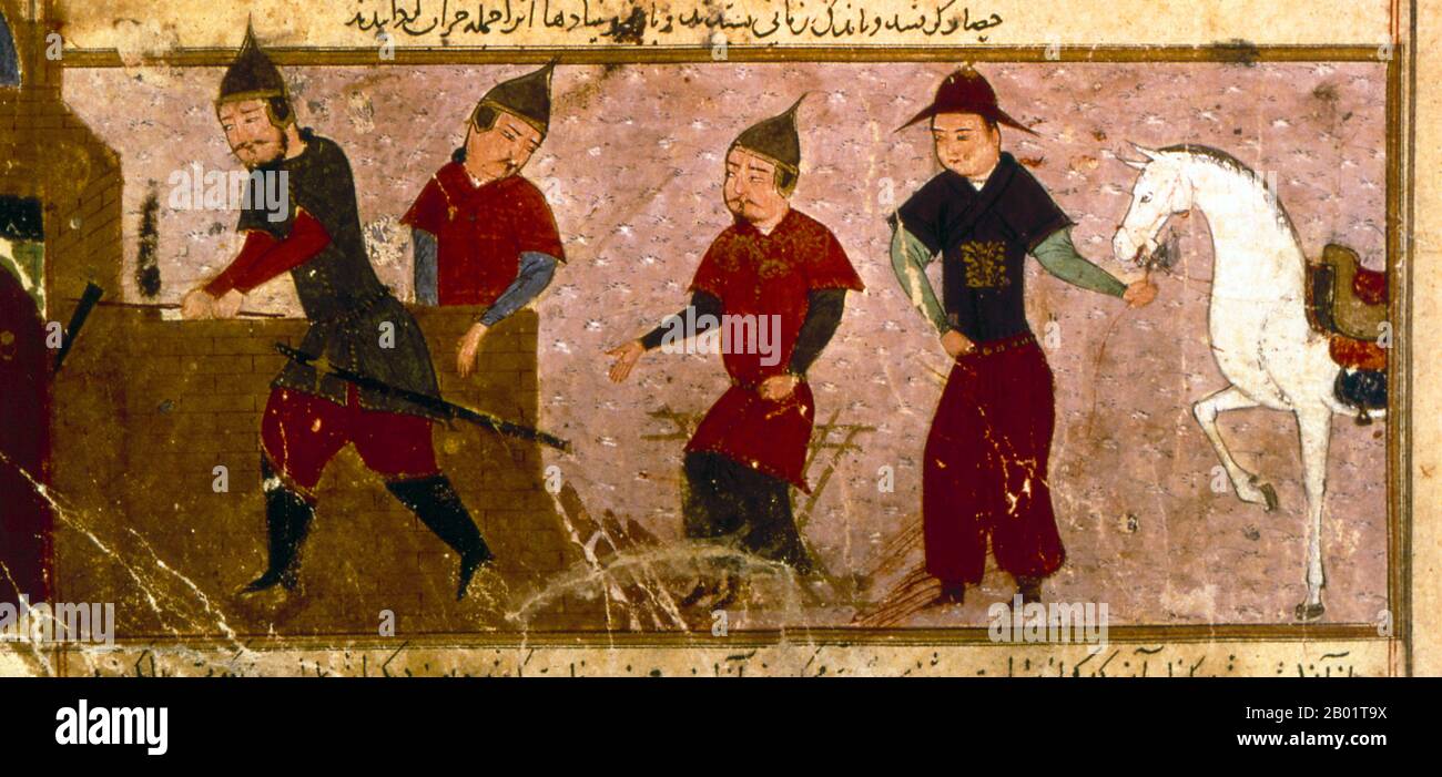 Iran/Persia: Gengis Khan e tre dei suoi quattro figli. Acquerello dipinto di Rashid al-DIN, Jami al-Tawarikh, c. 1305 d.C. Il Jāmiʿ al-tawārīkh ("Compendio delle Cronache") o storia universale è un'opera di letteratura e storia iraniana scritta da Rashid-al-DIN Hamadani all'inizio del XIV secolo. Foto Stock