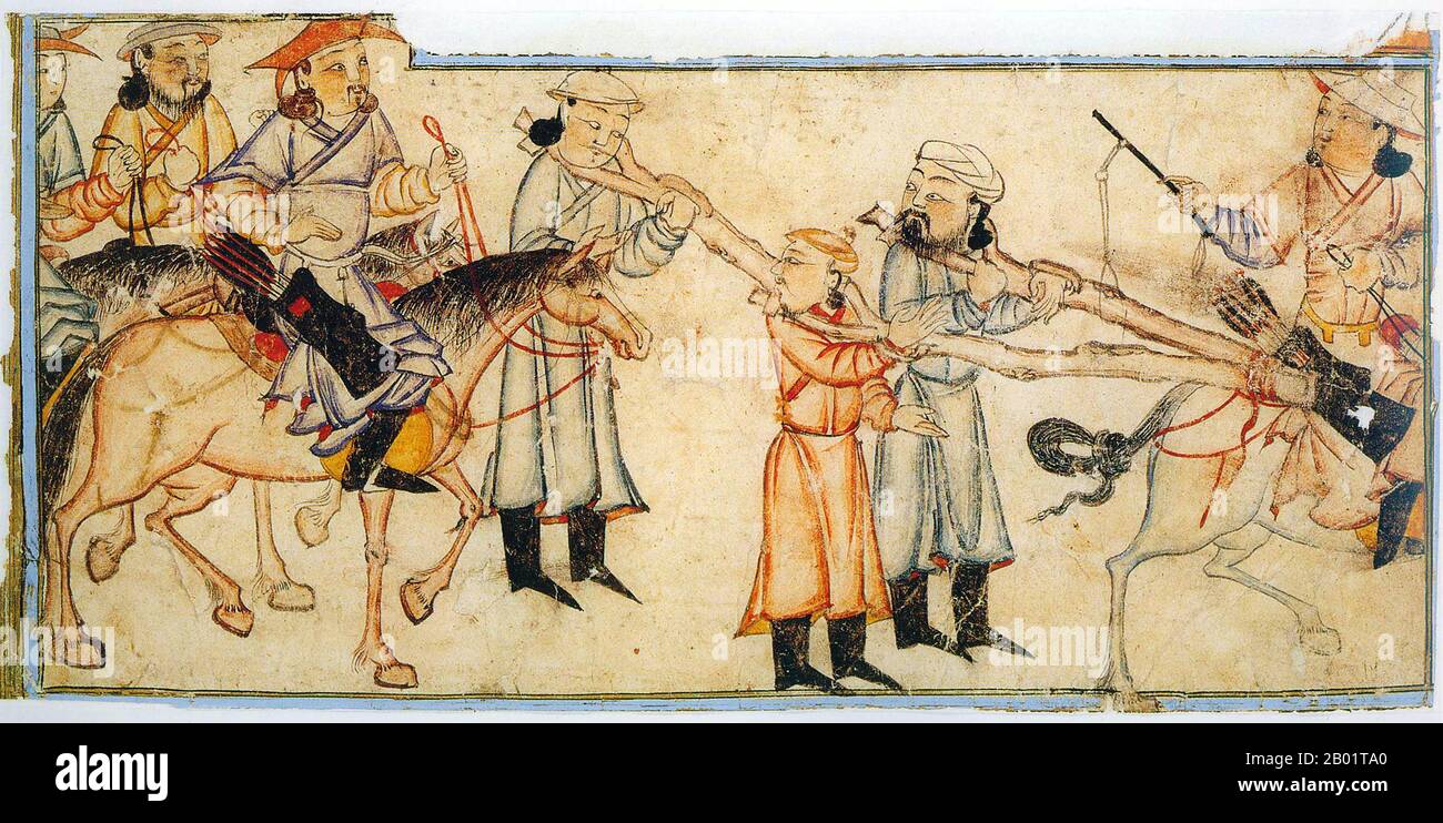 Iran/Persia: Guerrieri mongoli con prigionieri attaccati. Acquerello dipinto di Rashid al-DIN, Jami al-Tawarikh, c. 1305 d.C. Il Jāmiʿ al-tawārīkh ("Compendio delle Cronache") o storia universale è un'opera di letteratura e storia iraniana scritta da Rashid-al-DIN Hamadani all'inizio del XIV secolo. Foto Stock