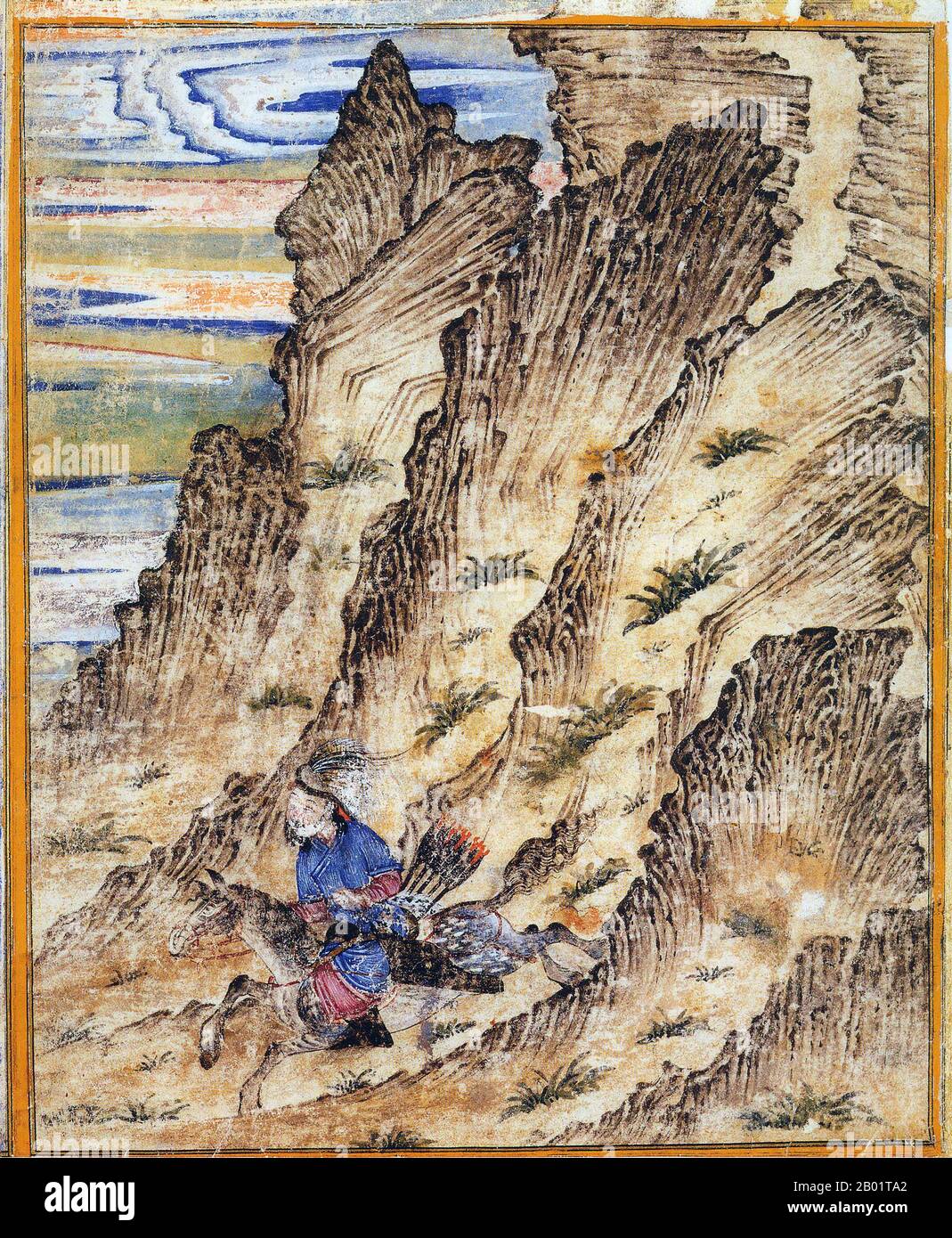 Iran/Persia: Un guerriero mongolo che galoppa attraverso le montagne. Acquerello dipinto di Rashid al-DIN, Jami al-Tawarikh, c. 1305 d.C. Il Jāmiʿ al-tawārīkh ("Compendio delle Cronache") o storia universale è un'opera di letteratura e storia iraniana scritta da Rashid-al-DIN Hamadani all'inizio del XIV secolo. Foto Stock