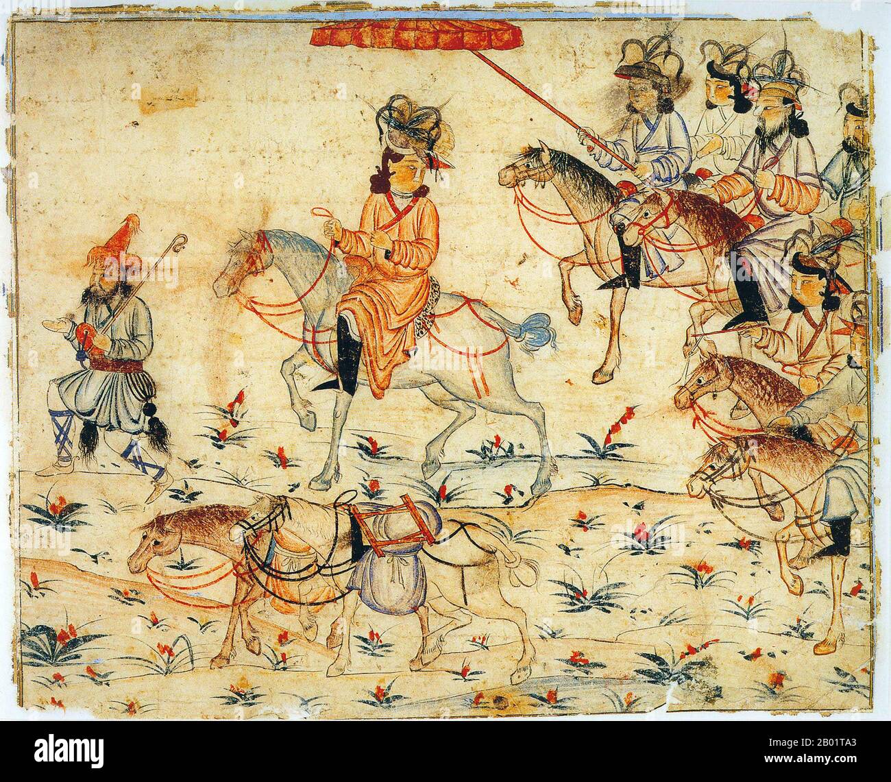 Iran/Persia: Un khan mongolo che cavalca alla testa delle sue forze. Acquerello dipinto di Rashid al-DIN, Jami al-Tawarikh, c. 1305 d.C. Il Jāmiʿ al-tawārīkh ("Compendio delle Cronache") o storia universale è un'opera di letteratura e storia iraniana scritta da Rashid-al-DIN Hamadani all'inizio del XIV secolo. Foto Stock