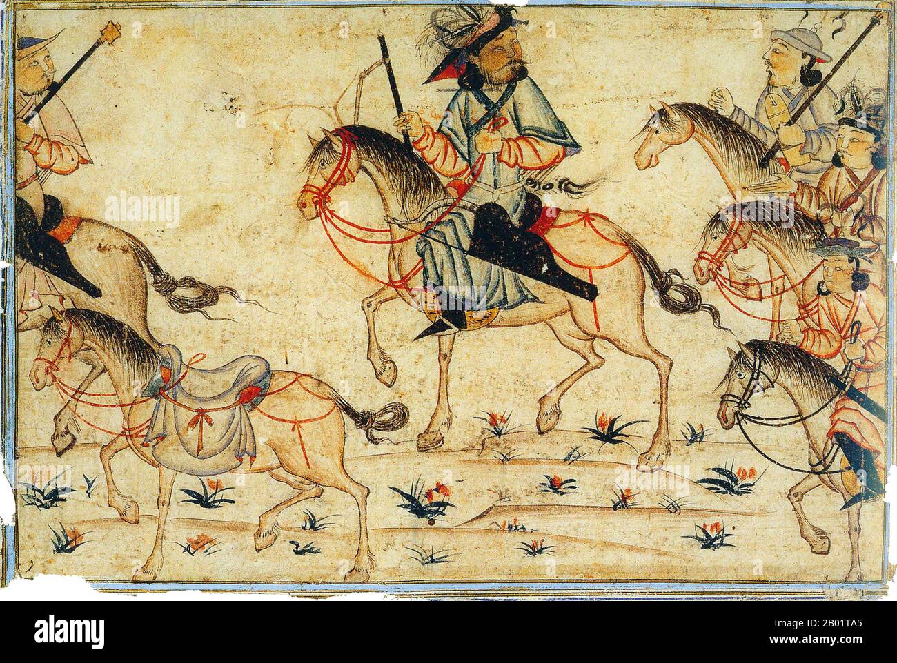 Iran/Persia: Un khan mongolo o nobili di alto rango con i suoi soldati. Acquerello dipinto di Rashid al-DIN, Jami al-Tawarikh, c. 1305 d.C. Il Jāmiʿ al-tawārīkh ("Compendio delle Cronache") o storia universale è un'opera di letteratura e storia iraniana scritta da Rashid-al-DIN Hamadani all'inizio del XIV secolo. Foto Stock