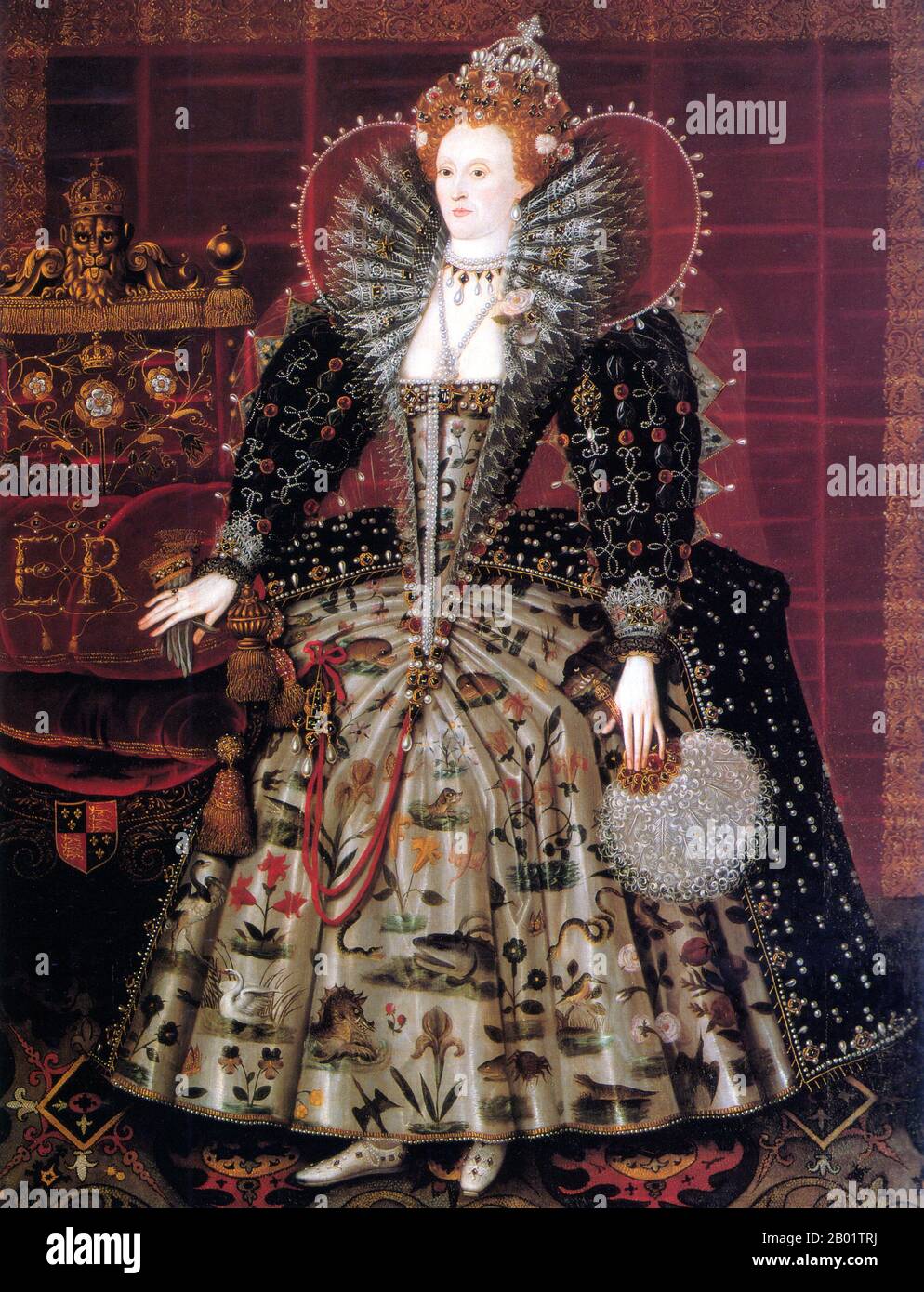 Inghilterra: Regina Elisabetta i (7 settembre 1533 - 24 marzo 1603). Il ritratto di "Hardwick Hall" dallo studio di Nicholas Hilliard (c. 1547-1619), c. 1599. Elisabetta i del Casato dei Tudor fu regina d'Inghilterra e d'Irlanda dal 17 novembre 1558 fino alla sua morte nel 1603. L'unica figlia sopravvissuta di Enrico VIII e della sua seconda moglie, Anna Bolena, fu inizialmente dichiarata illegittima a causa dell'esecuzione di Anna e dell'annullamento del suo matrimonio; Enrico in seguito la restaurò alla linea di successione. Fu temporaneamente imprigionata durante il regno della sorellastra Maria, ma divenne regina dopo la morte di Maria. Foto Stock
