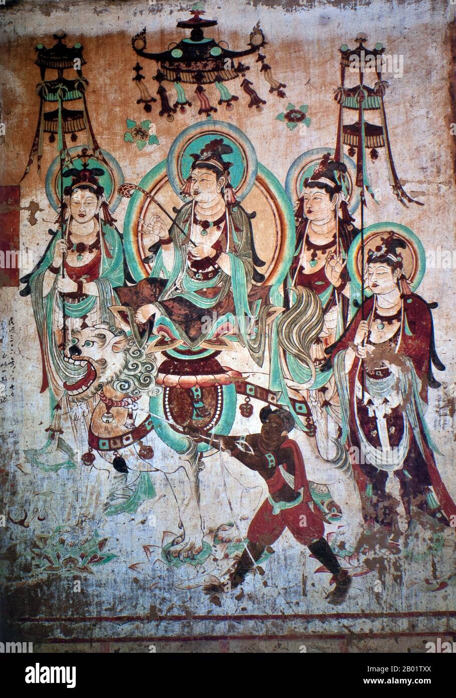 Cina: Manjusri (copia), Cave 25, Yulin Caves, Dinastia Tang (618-907). Le Grotte di Yulin sono un complesso di templi buddisti nella contea di Guazhou, provincia di Gansu, Cina. Il sito si trova a circa 100 km ad est dell'oasi cittadina di Dunhuang e delle Grotte di Mogao. Prende il nome dagli omonimi alberi di olmo che costeggiano il fiume Yulin, che scorre attraverso il sito e separa le due scogliere da cui sono state scavate le grotte. Le quarantadue grotte ospitano circa 250 statue policrome e 4.200 metri quadrati di dipinti murali, che risalgono alla dinastia Tang alla dinastia Yuan (dal VII al XIV secolo). Foto Stock