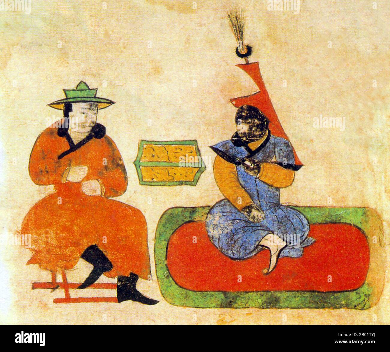 Mongolia/Iran/Persia: Bartan Baghatur e Sunigil Fudjin, nonni di Gengis Khan. Pittura in miniatura Ilkhanide, circa all'inizio del XIV secolo. Gengis Khan (1162-1227), nato Borjigin Temujin, fu il fondatore, Khan (sovrano) e Khagan (imperatore) dell'Impero mongolo, che divenne il più grande impero contiguo della storia dopo la sua morte. Salì al potere unendo molte delle tribù nomadi del nord-est asiatico. Dopo aver fondato l'Impero mongolo e essere stato proclamato "Gengis Khan", iniziò le invasioni mongole che alla fine avrebbero portato alla conquista della maggior parte dell'Eurasia. Foto Stock