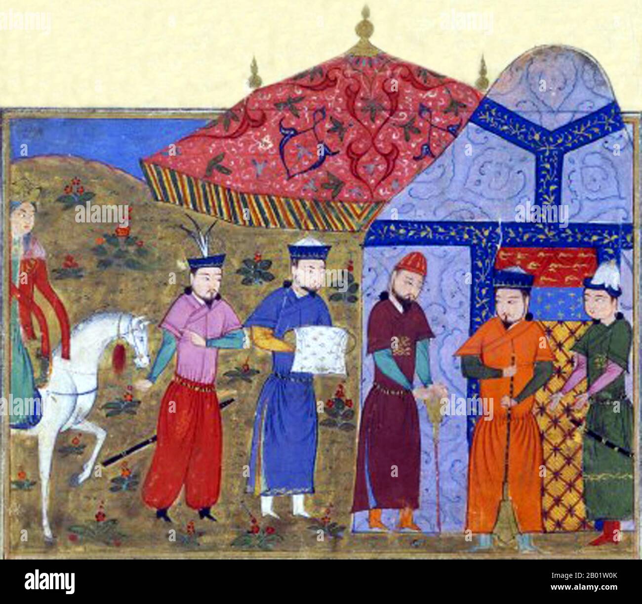 Iran/Persia/Mongolia: Gengis Khan e gli ambasciatori cinesi. Pittura in miniatura dal Jami al-Tawarikh di Rashid al-DIN, c. 1305. Il Jāmi' al-tawārīkh ('Compendium of Chronicles') o storia universale è un'opera di letteratura e storia iraniana scritta da Rashid al-DIN Hamadani all'inizio del XIV secolo. Foto Stock