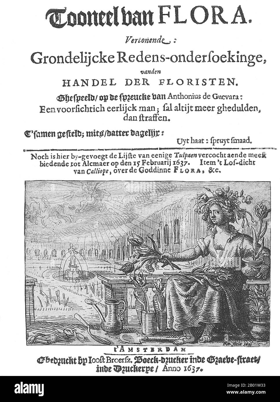 Paesi Bassi/Olanda: "Scena floreale". Frontespizio di un opuscolo floreale olandese risalente al periodo "Tulipomania", pubblicato ad Amsterdam nel 1637. Tulip mania o tulipomania (i nomi olandesi includono: Tulpenmanie, tulpomanie, tulpenwoede, tulpengekte e bollengekte) fu un periodo del secolo d'oro olandese durante il quale i prezzi contrattuali per i bulbi del tulipano recentemente introdotto raggiunsero livelli straordinariamente alti e poi crollarono improvvisamente. Al culmine della mania dei tulipani, nel febbraio 1637, alcuni singoli bulbi di tulipani vendevano per oltre 10 volte il reddito annuo di un abile artigiano. Foto Stock