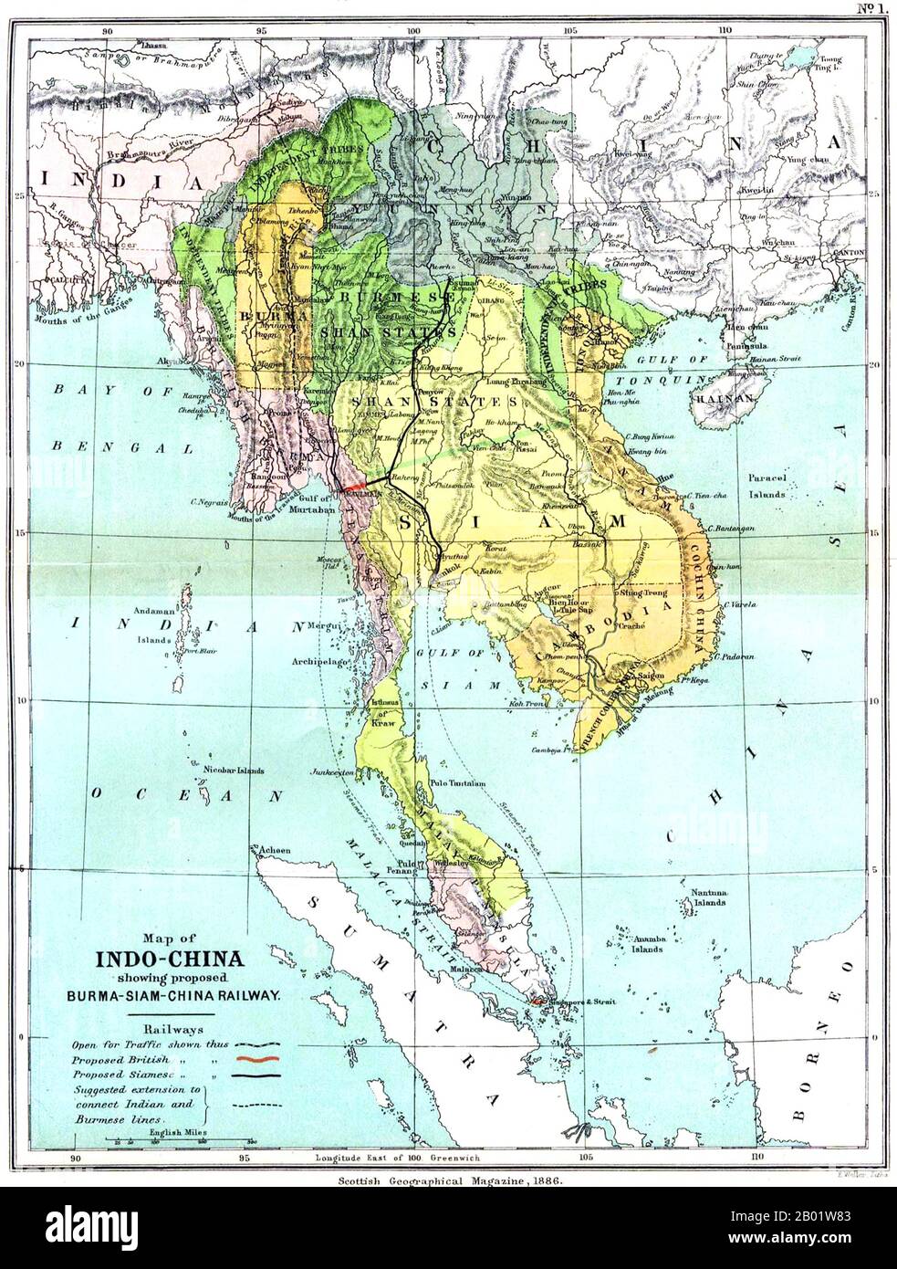 Sud-est asiatico: Una mappa del Regno Unito (Scottish Geographical Magazine) della grande Indocina e della penisola malese, 1886. Una mappa dettagliata e straordinariamente accurata di Birmania, Siam, Vietnam, Cambogia e Malesia risalente al 1886 e che mostra il rettangolo della Birmania indipendente intorno a Mandalay - che stava perdendo la sua indipendenza dalla Gran Bretagna nel 1885-1886 quando la mappa fu pubblicata. Gli Stati Shan birmani sono mostrati sotto l'influenza birmana (che presto sarà sostituita da quella della Gran Bretagna). Foto Stock