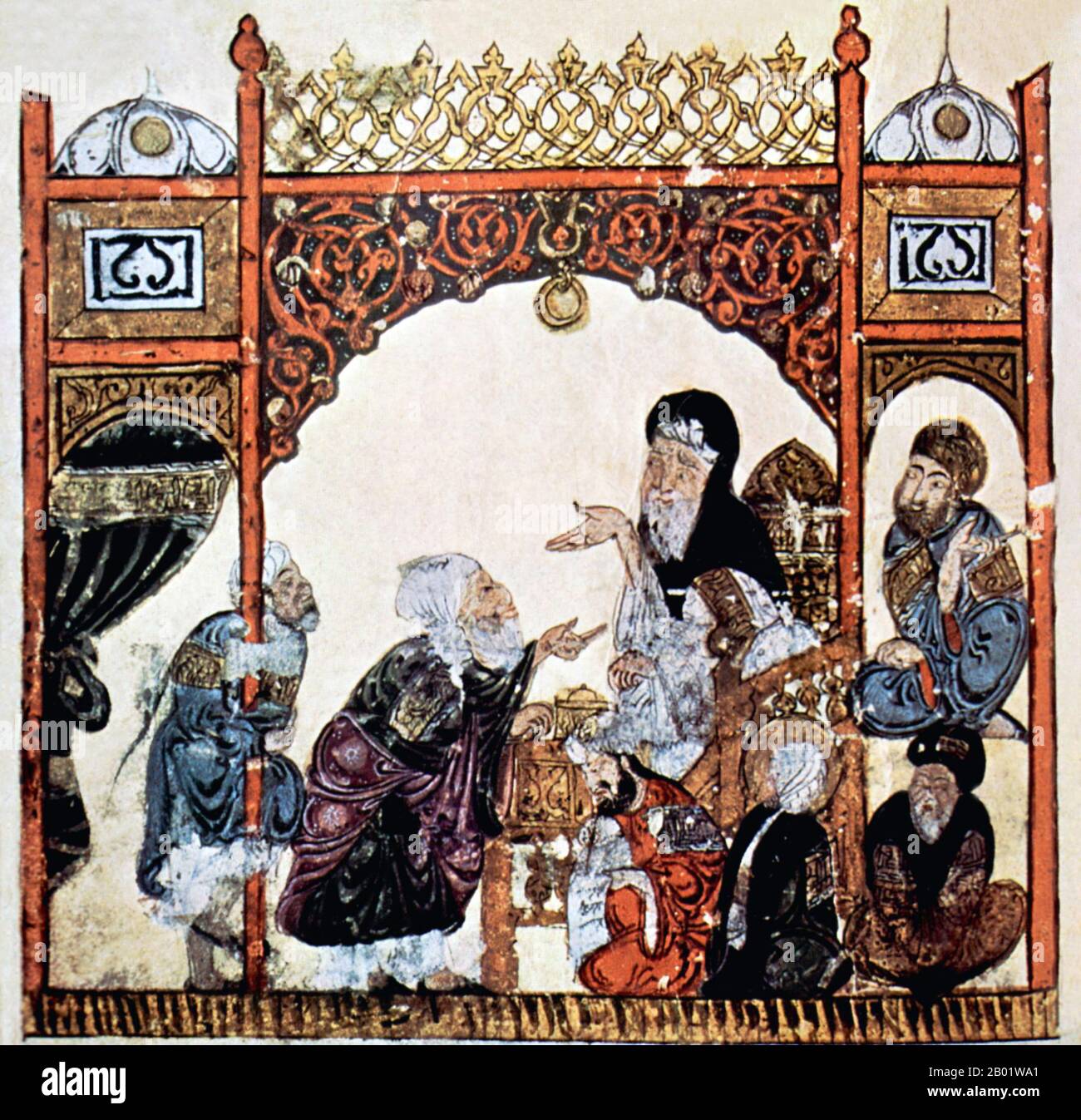 Iraq: Abu Zayd chiede di essere preso a bordo della nave. Pittura in miniatura dal 'Maqam' o 'Assemblea' di al-Hariri di Bassora, c. 1225-1235. Le Maqāma (letteralmente "assemblee") sono un genere letterario arabo (originariamente) di prosa rima con intervalli di poesia in cui la stravaganza retorica è evidente. Si dice che l'autore del X secolo Badī al-Zaman al-Hamadhāni abbia inventato la forma, che fu estesa da al-Hariri di Bassora nel secolo successivo. Entrambi gli autori maqāmāt si concentrano su figure ingannevoli le cui peregrinazioni e le cui gesta nel parlare alle assemblee dei potenti sono trasmesse da un narratore. Foto Stock